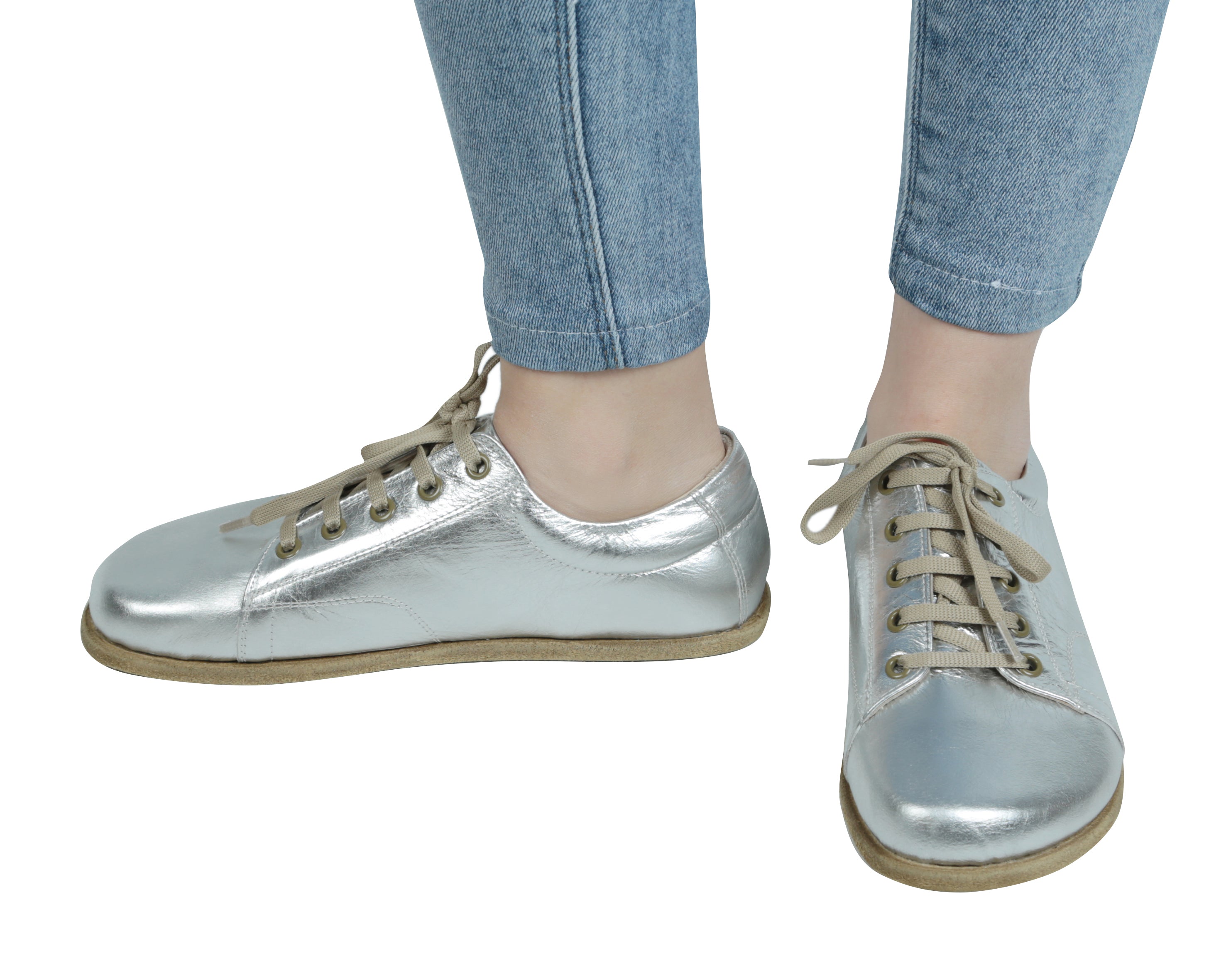 Silver Sneaker Wide Barefoot Smooth Leather Handmade Shoes