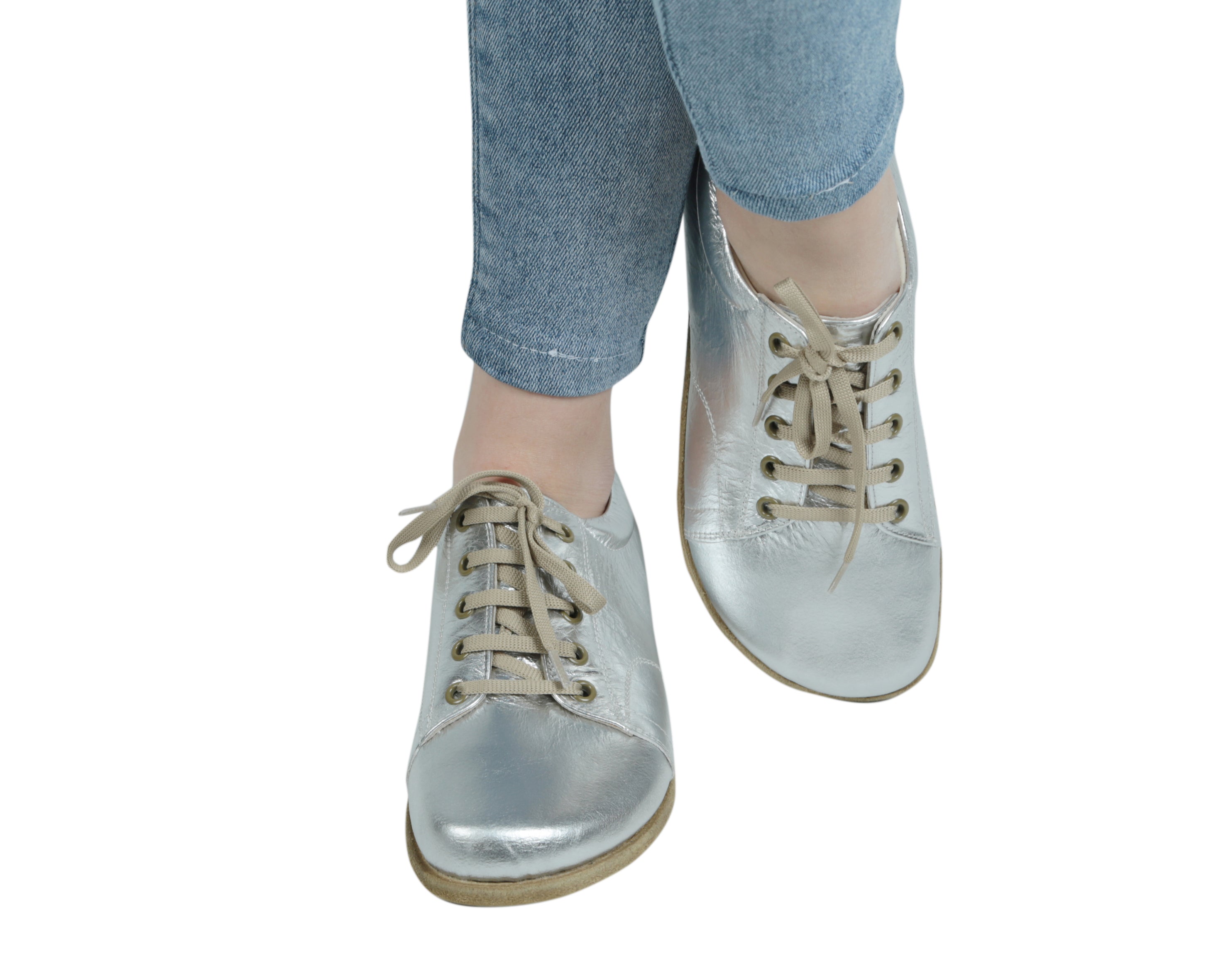 Silver Sneaker Wide Barefoot Smooth Leather Handmade Shoes 
