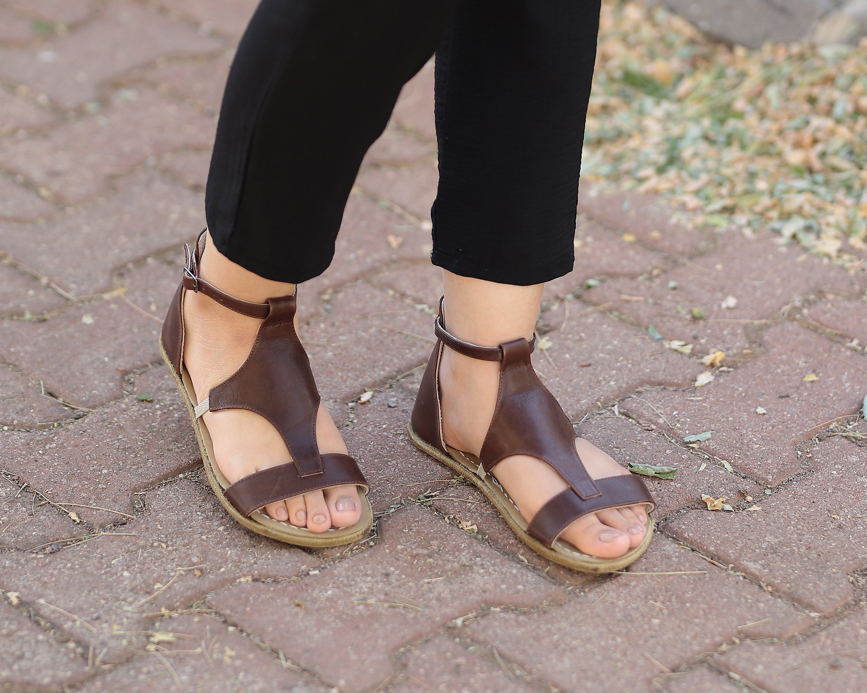 Dark Brown Women Buckle Slipper Wide Barefoot Smooth Leather Handmade