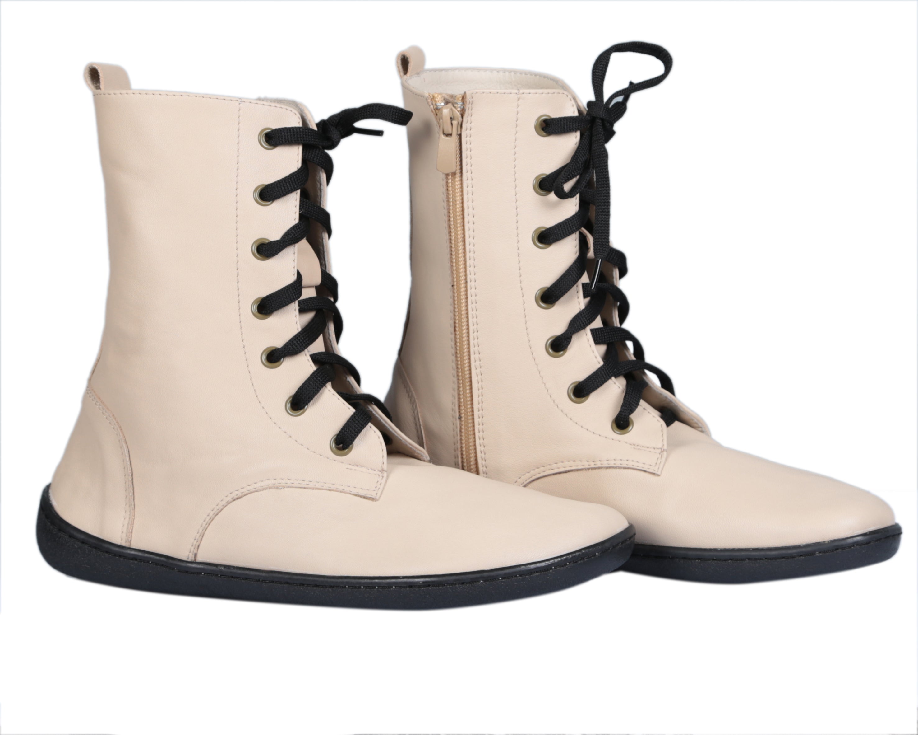 Cream Long Zipper Boots Wide Barefoot Shoes Smooth Leather Handmade 6mm Rubber Outsole 
