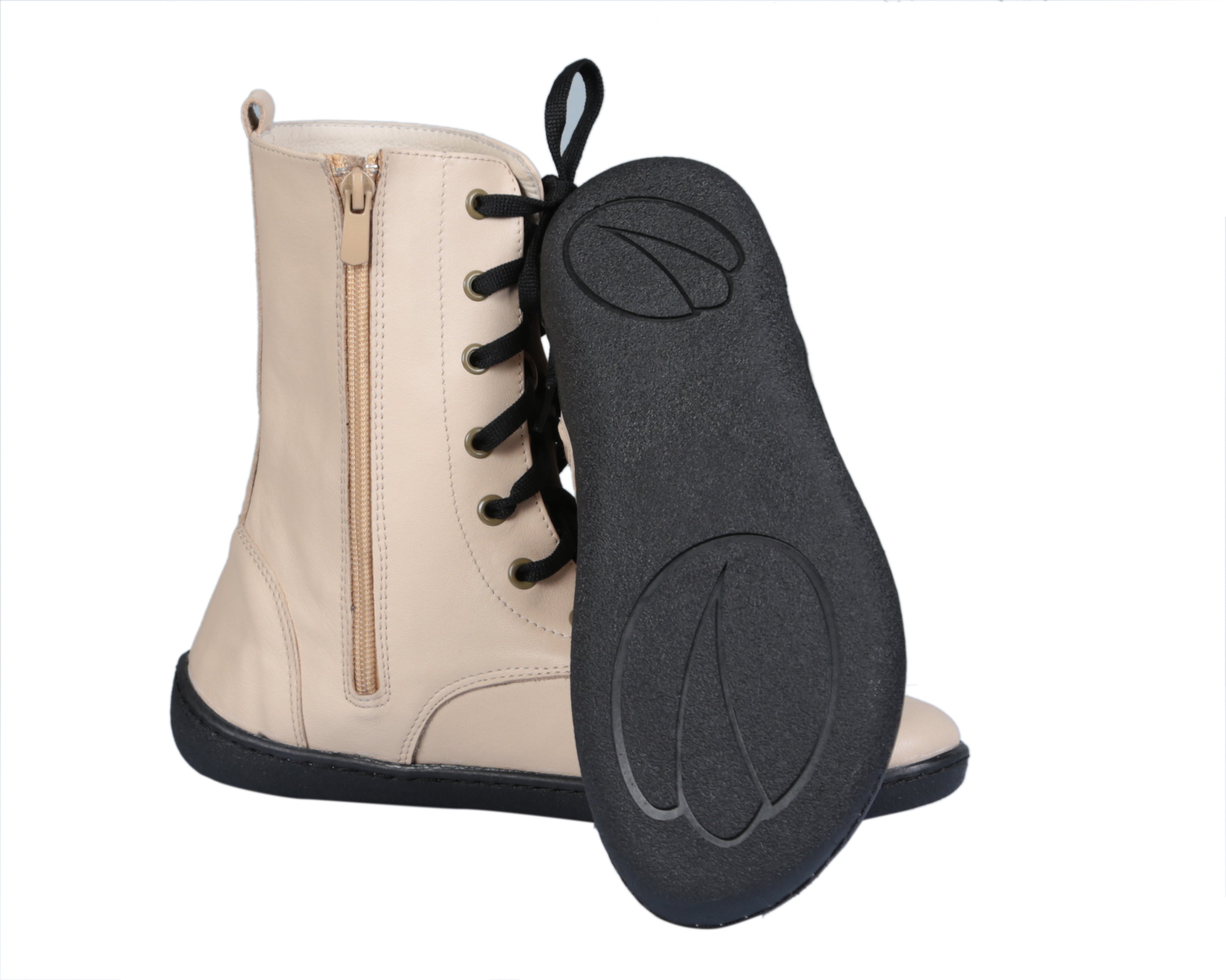 Cream Long Zipper Boots Wide Barefoot Shoes Smooth Leather Handmade 6mm Rubber Outsole