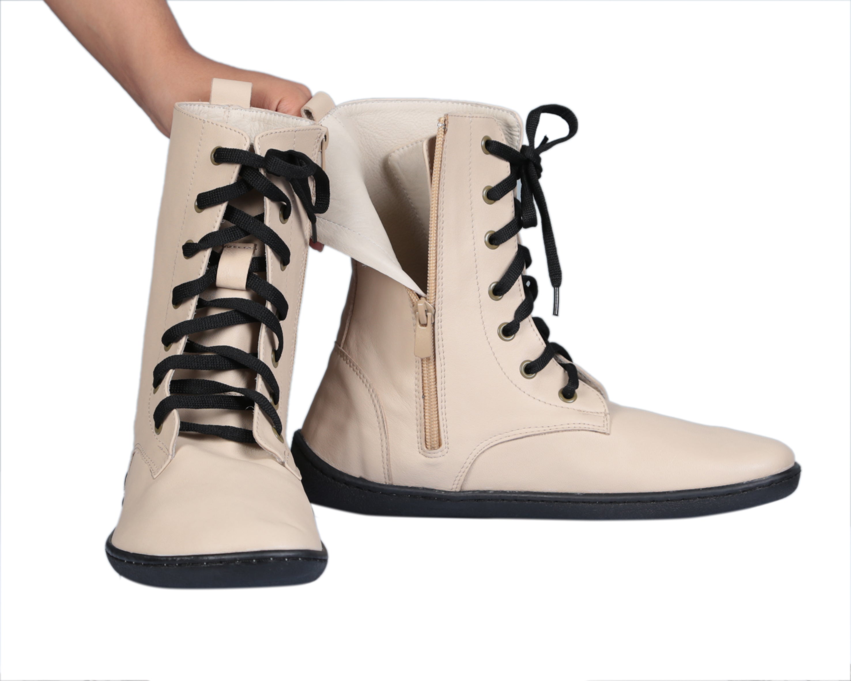 Cream Long Zipper Boots Wide Barefoot Shoes Smooth Leather Handmade 6mm Rubber Outsole 