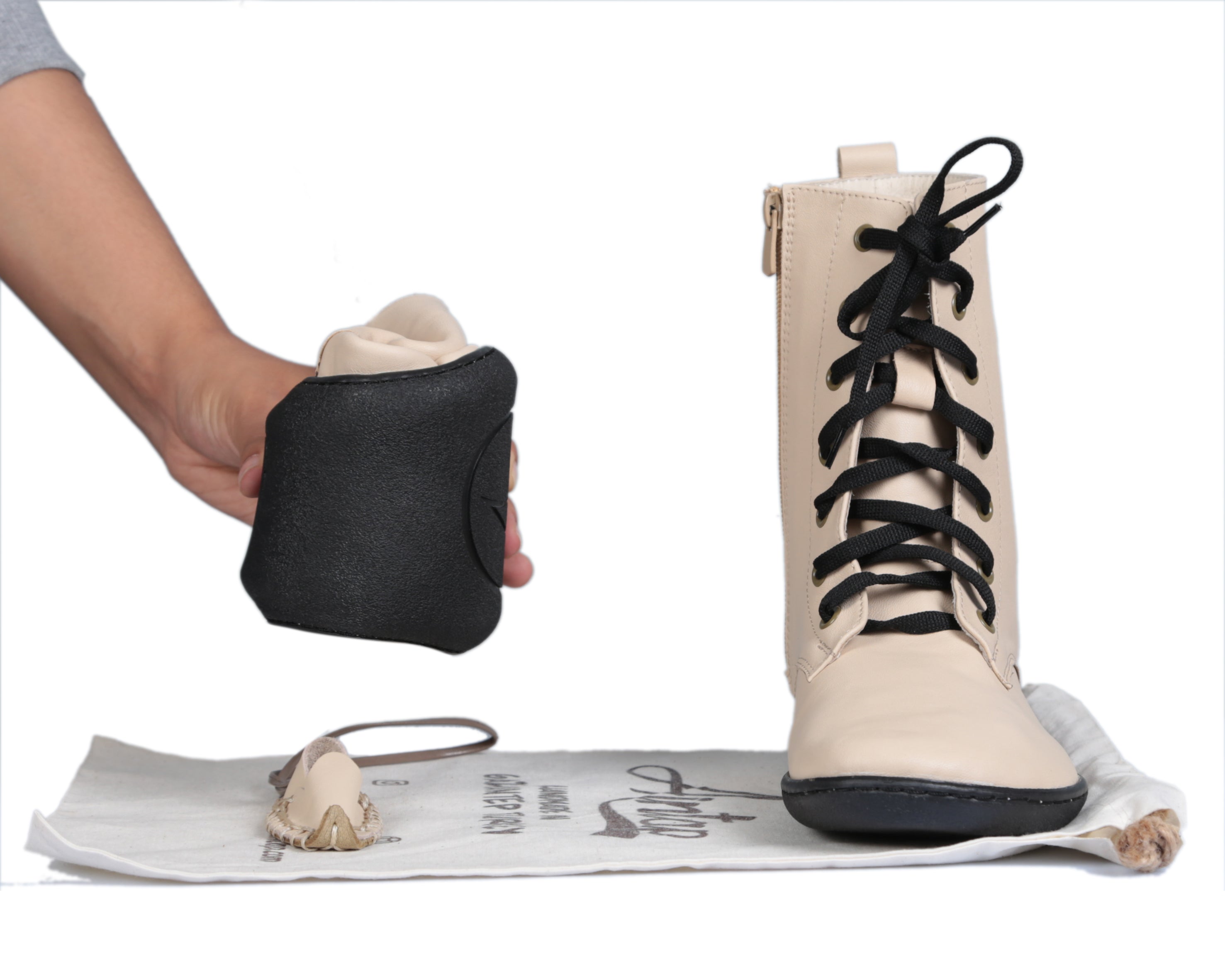 Cream Long Zipper Boots Wide Barefoot Shoes Smooth Leather Handmade 6mm Rubber Outsole 