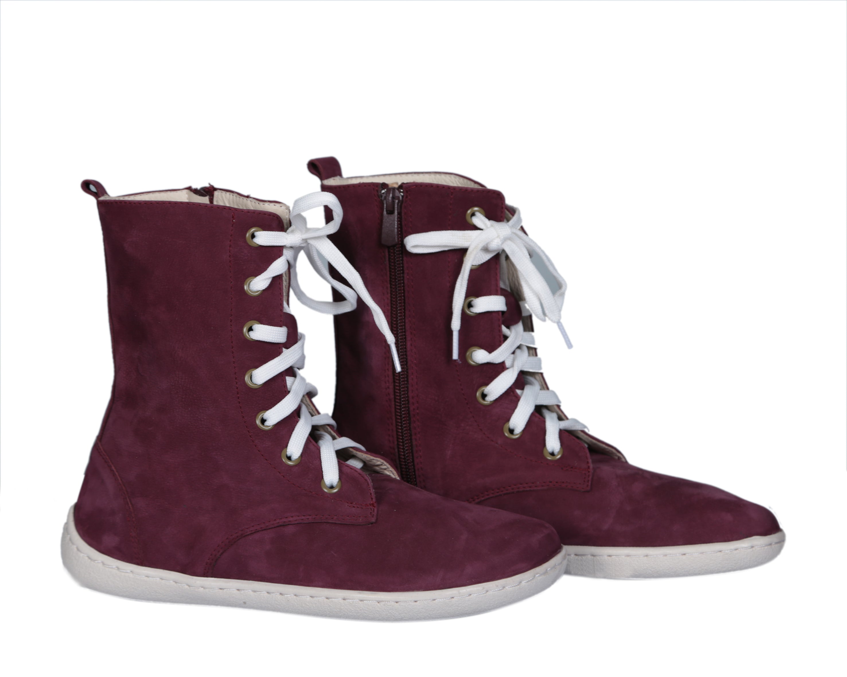 Burgundy Long Zipper Boots Wide Barefoot Shoes Nubuck Leather Handmade Rubber Outsole 