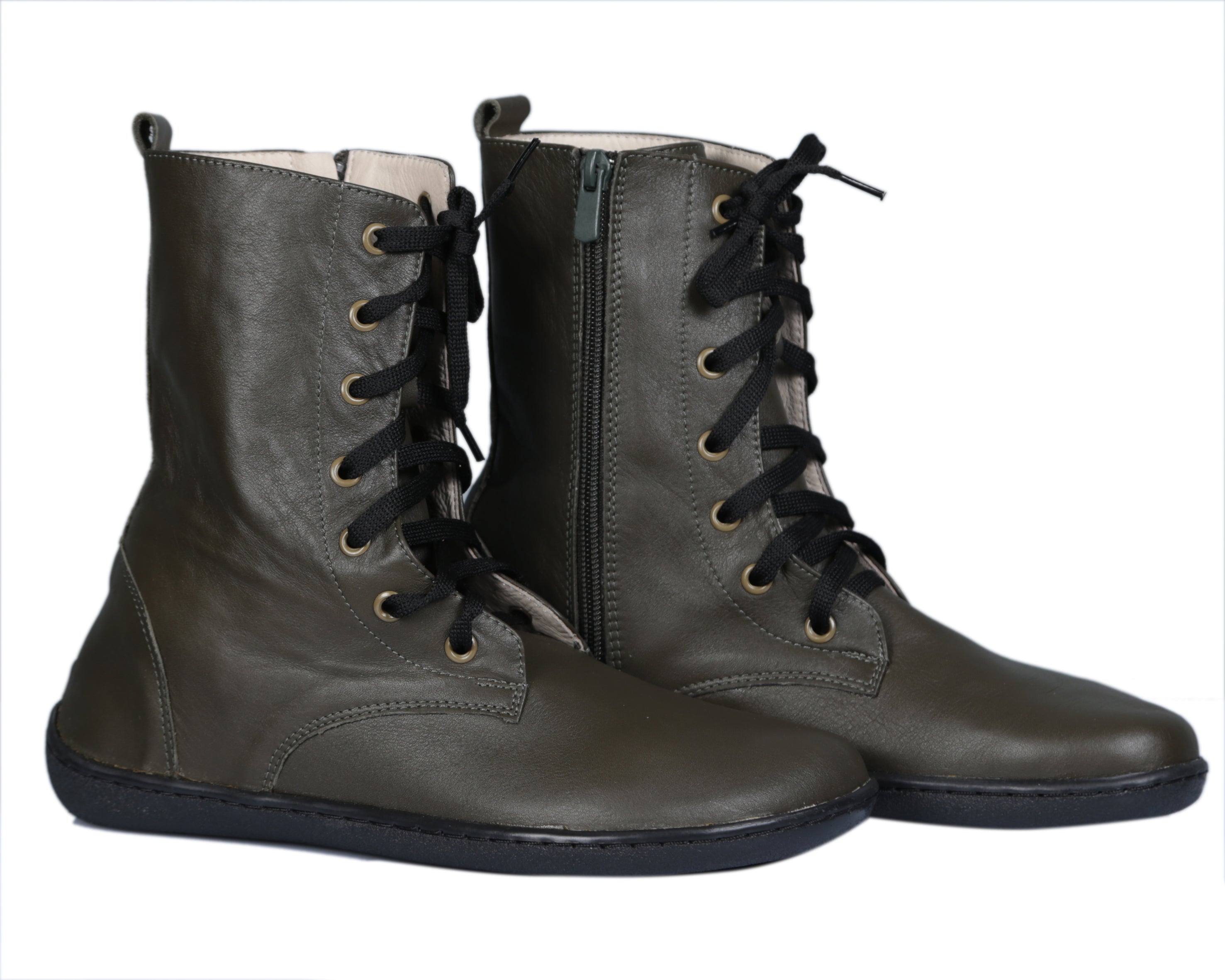 Green Long Zipper Boots Wide Barefoot Shoes Smooth Leather Handmade 6mm Rubber Outsole 