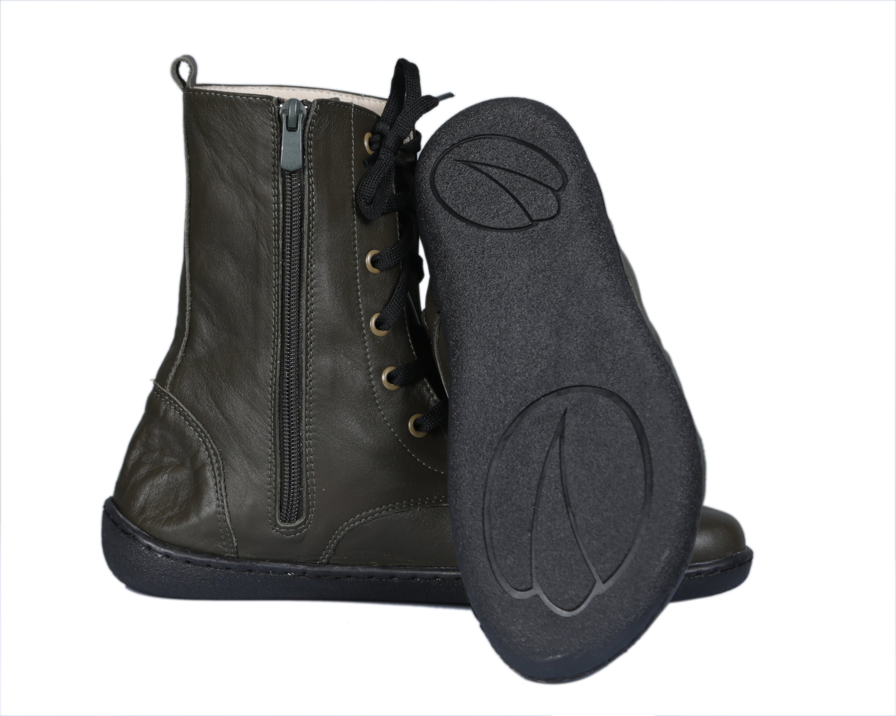 Green Long Zipper Boots Wide Barefoot Shoes Smooth Leather Handmade 6mm Rubber Outsole 