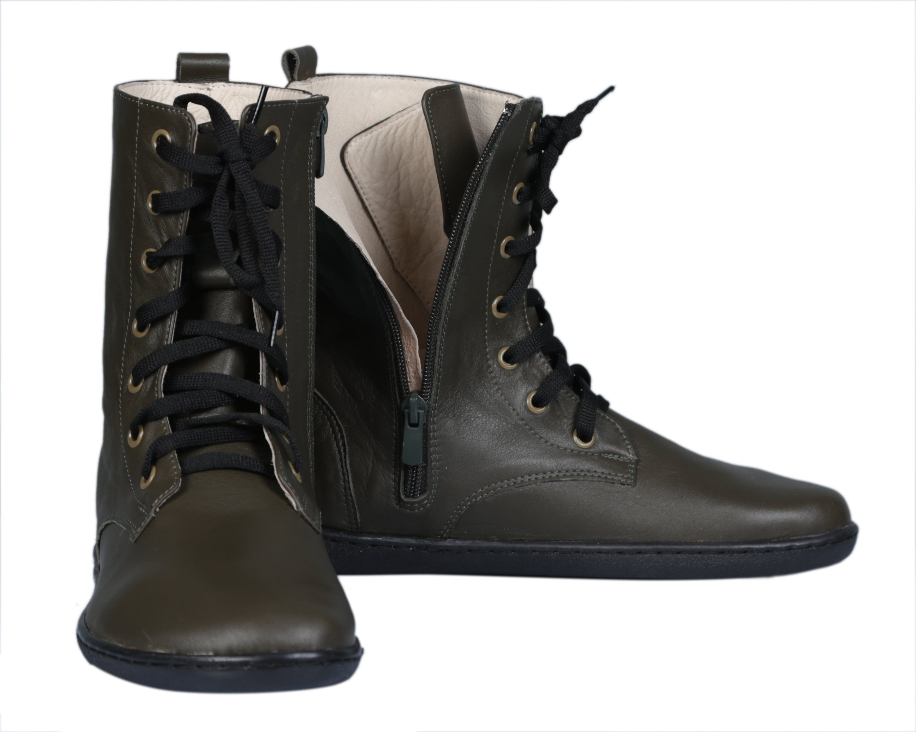 Green Long Zipper Boots Wide Barefoot Shoes Smooth Leather Handmade 6mm Rubber Outsole 