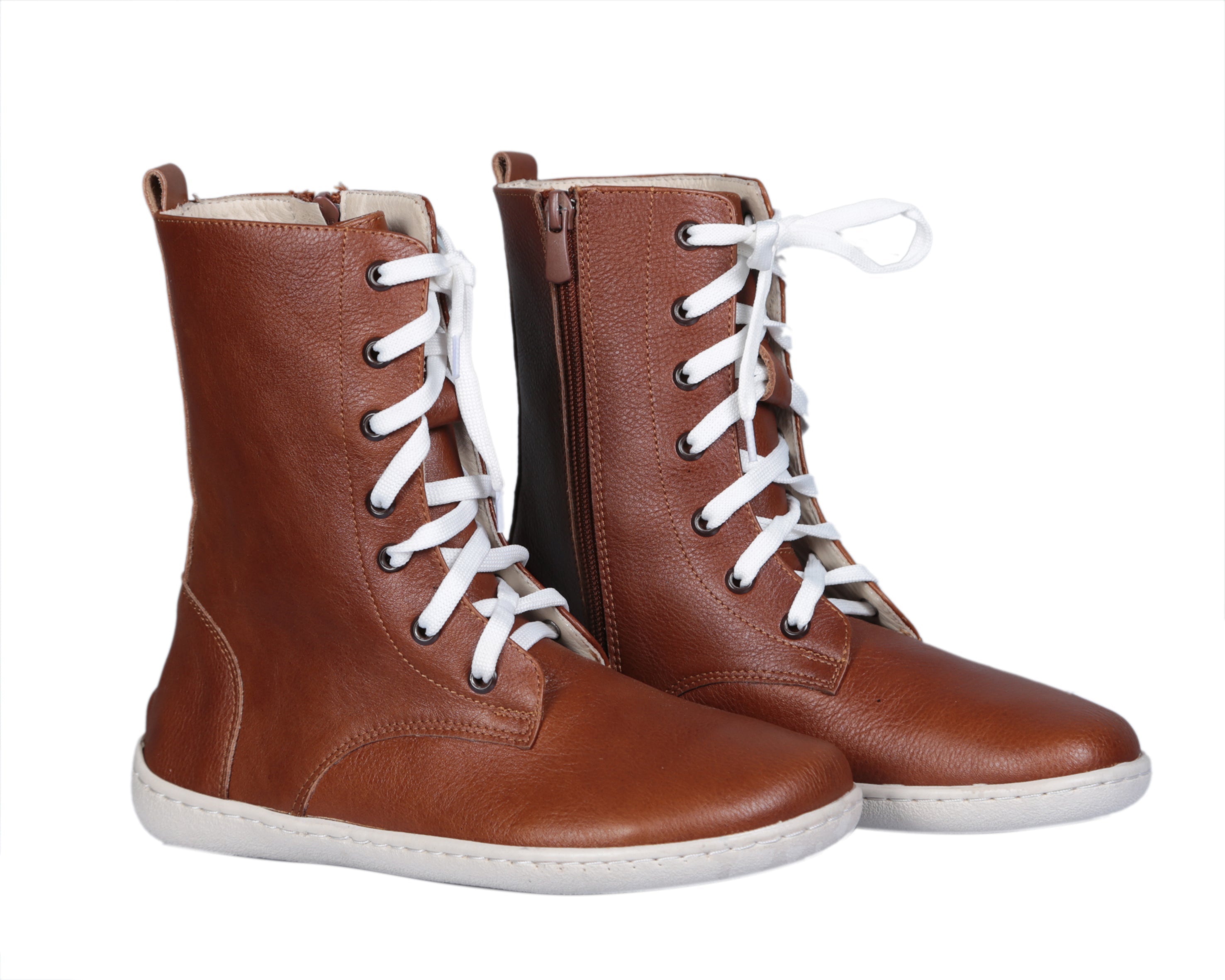 Brown Long Zipper Boots Wide Barefoot Shoes Smooth Leather Handmade 6mm Rubber Outsole 
