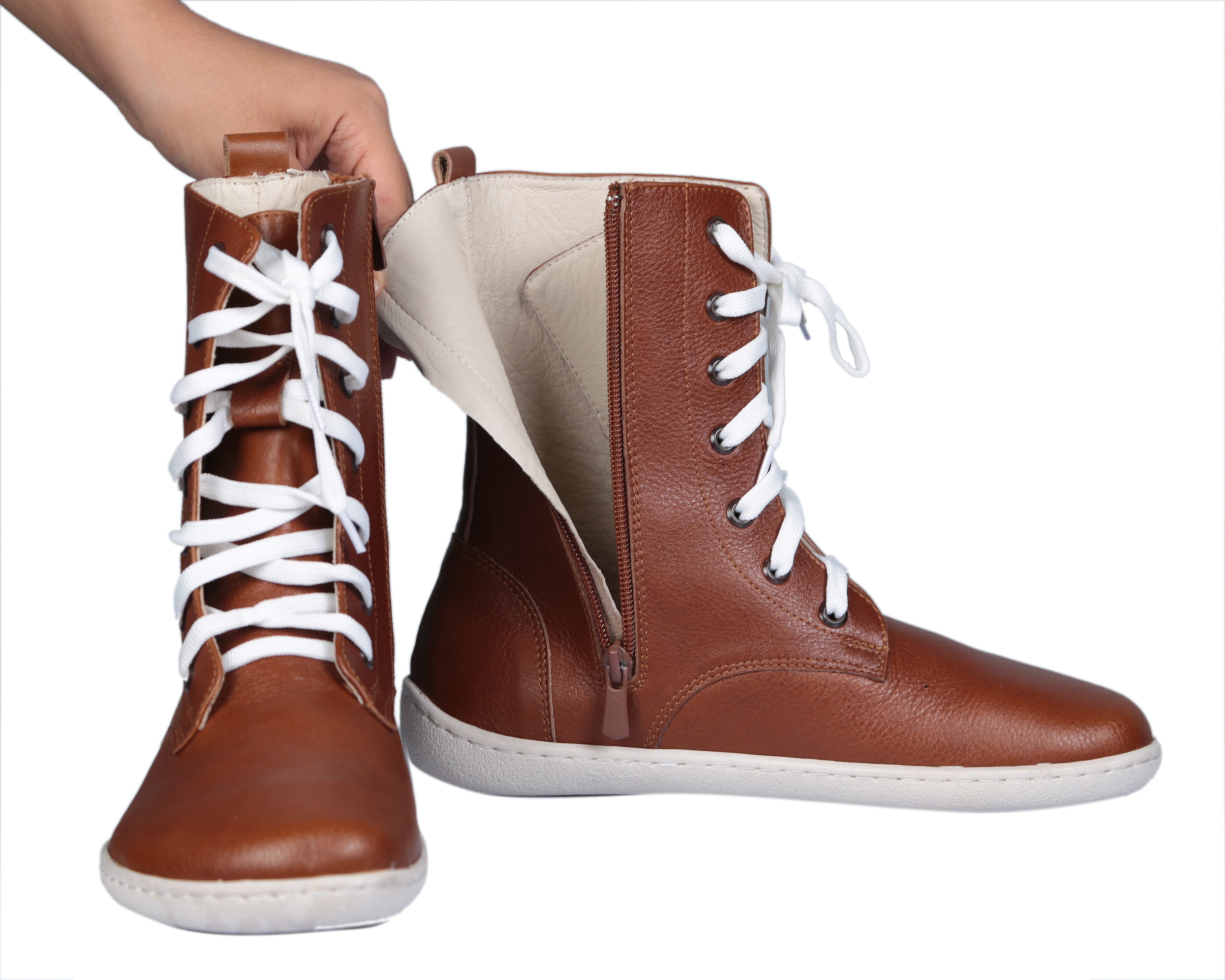 Brown Long Zipper Boots Wide Barefoot Shoes Smooth Leather Handmade 6mm Rubber Outsole 