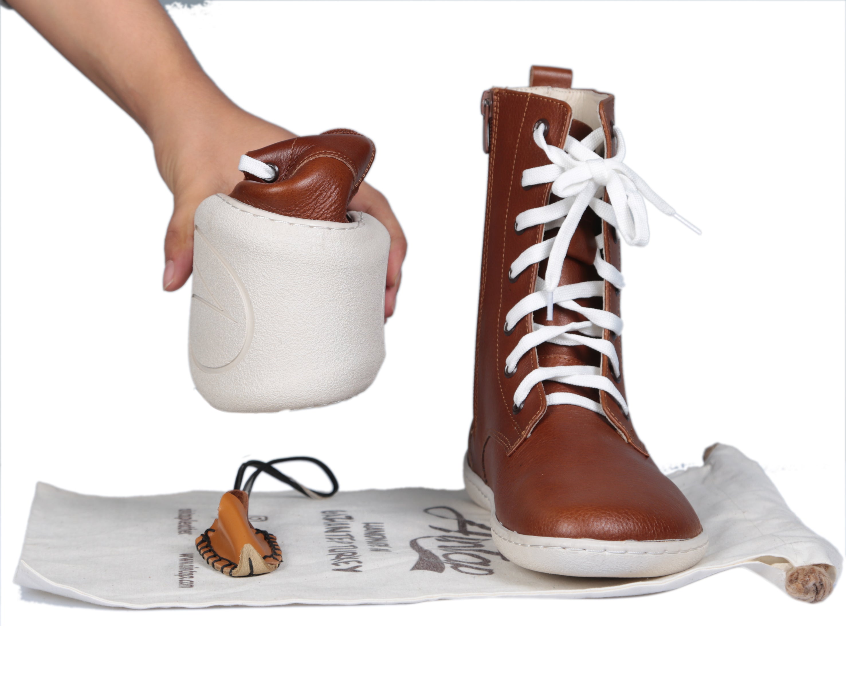 Brown Long Zipper Boots Wide Barefoot Shoes Smooth Leather Handmade 6mm Rubber Outsole 