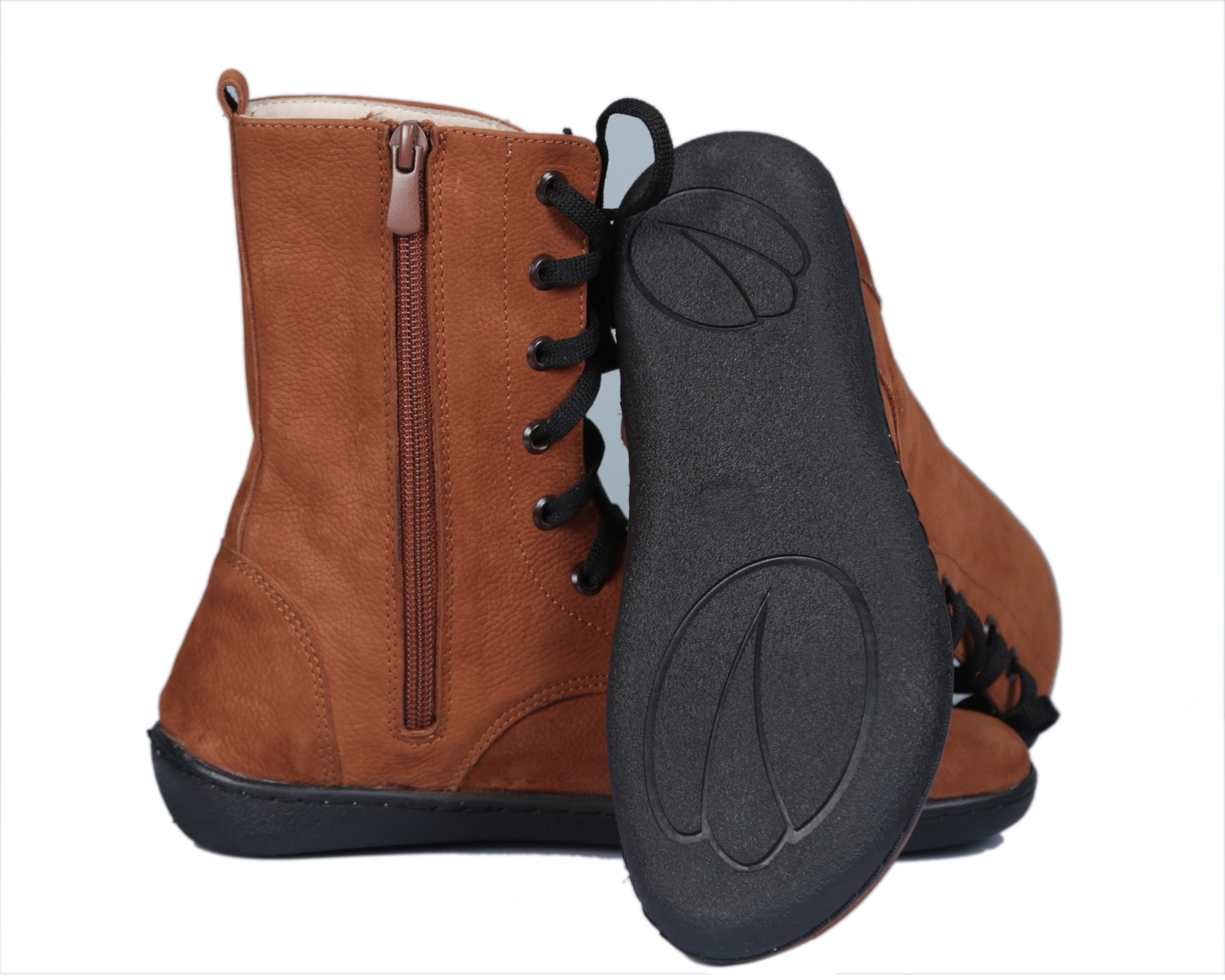 Tan Long Zipper Boots Wide Barefoot Shoes Nubuck Leather Handmade Rubber Outsole 
