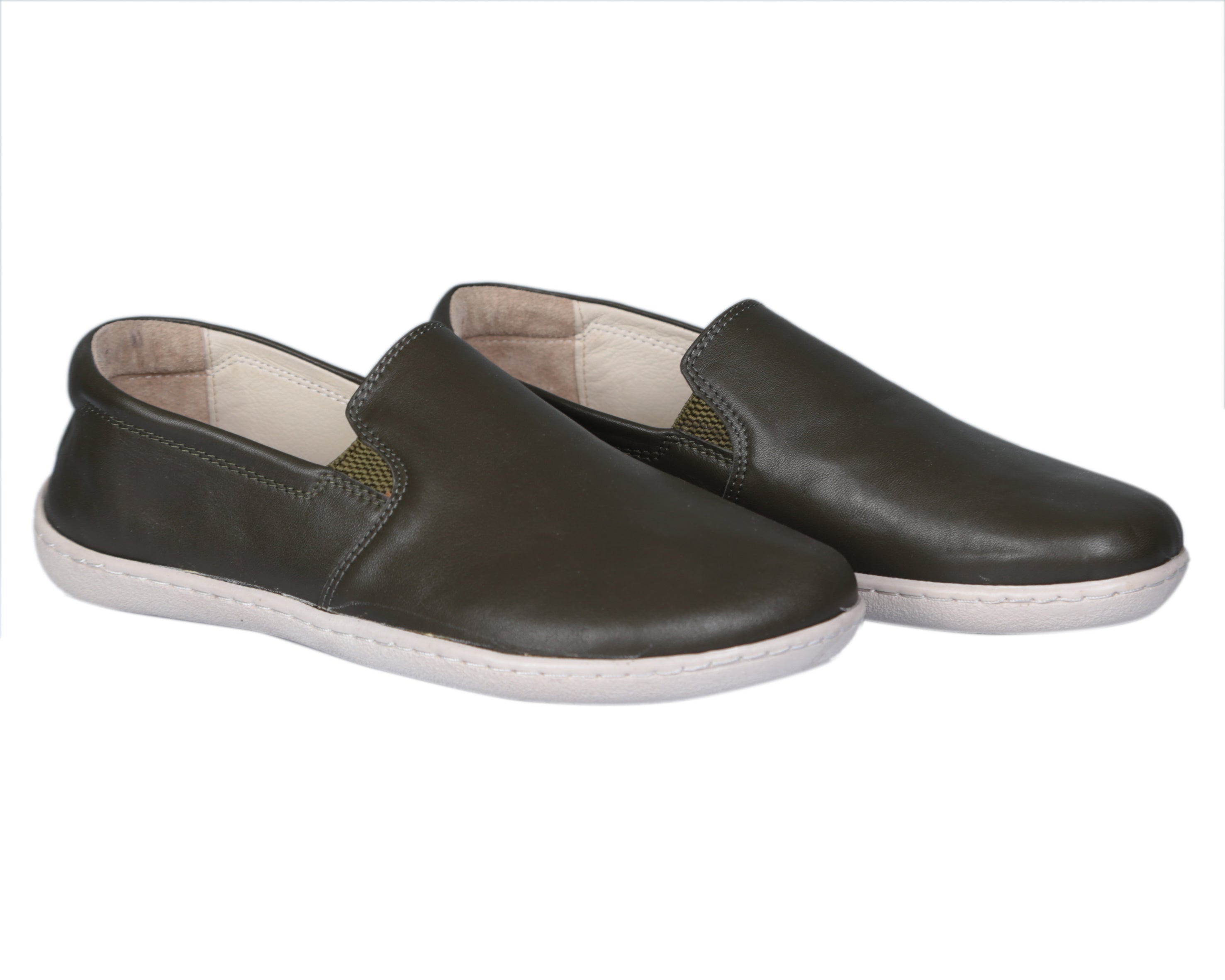 Green Slip-On Wide Barefoot Shoes Smooth Leather Handmade 6mm Rubber Outsole 
