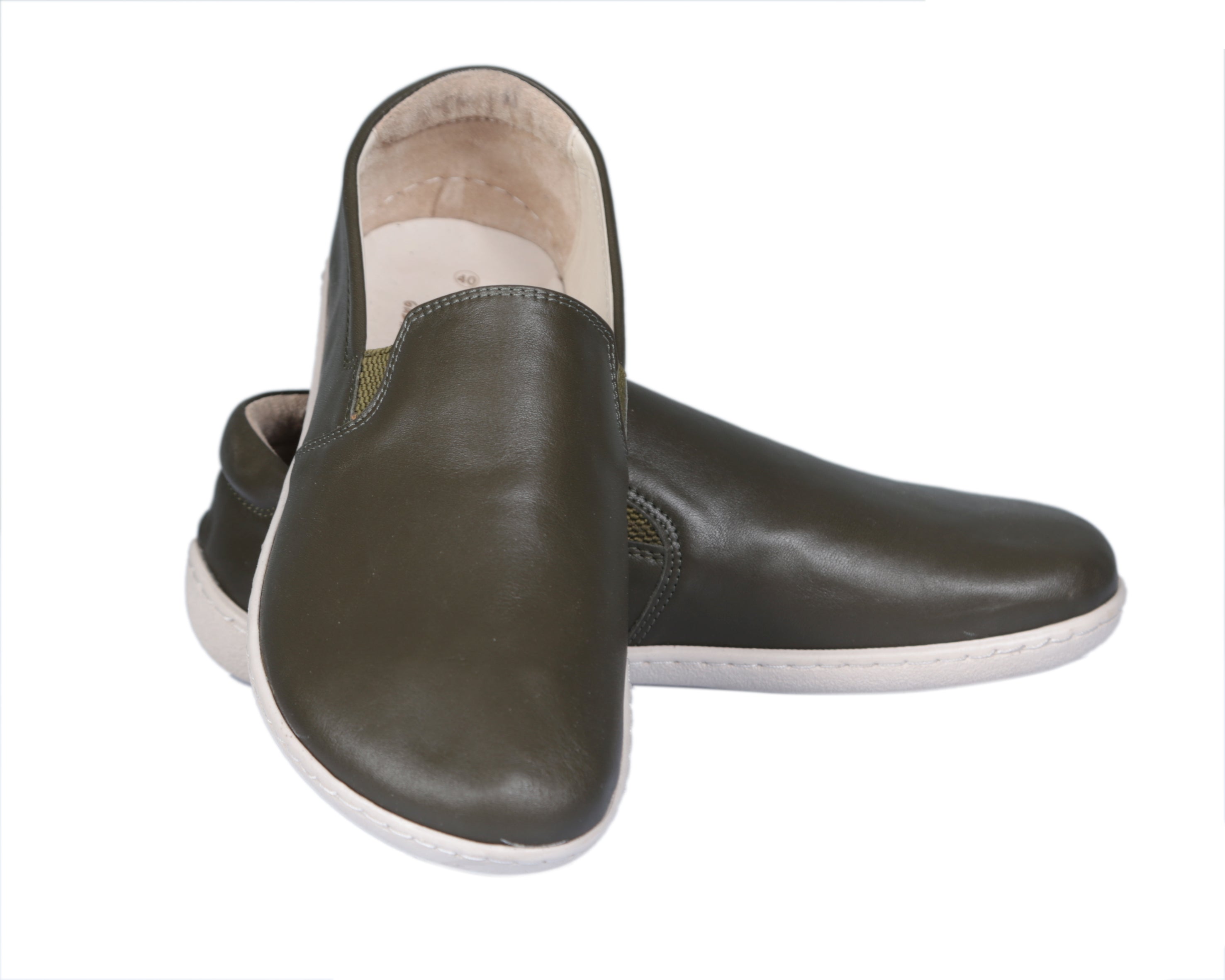 Green Slip-On Wide Barefoot Shoes Smooth Leather Handmade 6mm Rubber Outsole 