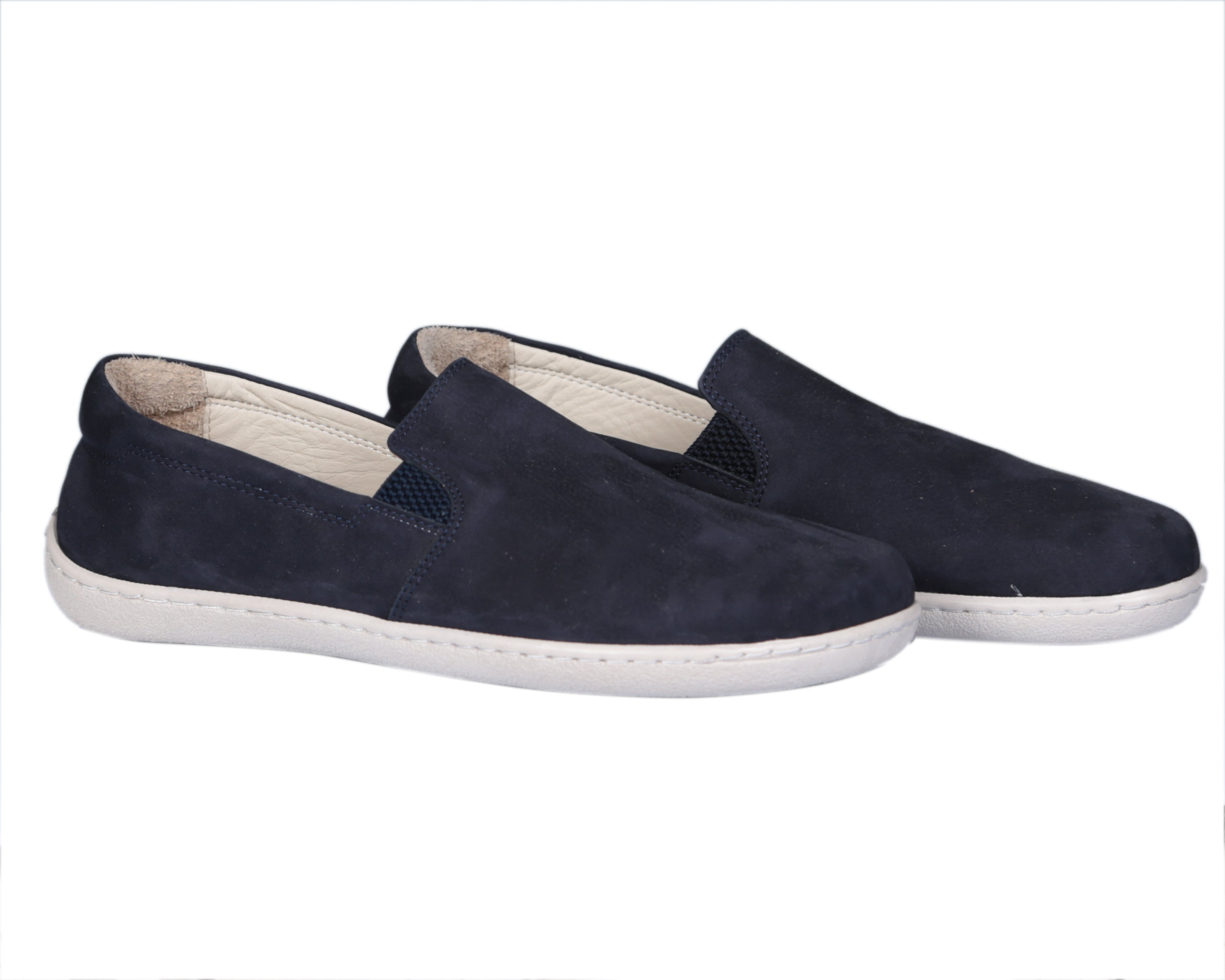 Navy Blue Slip-On Wide Barefoot Shoes Nubuck Leather Handmade 6mm Rubber Outsole 