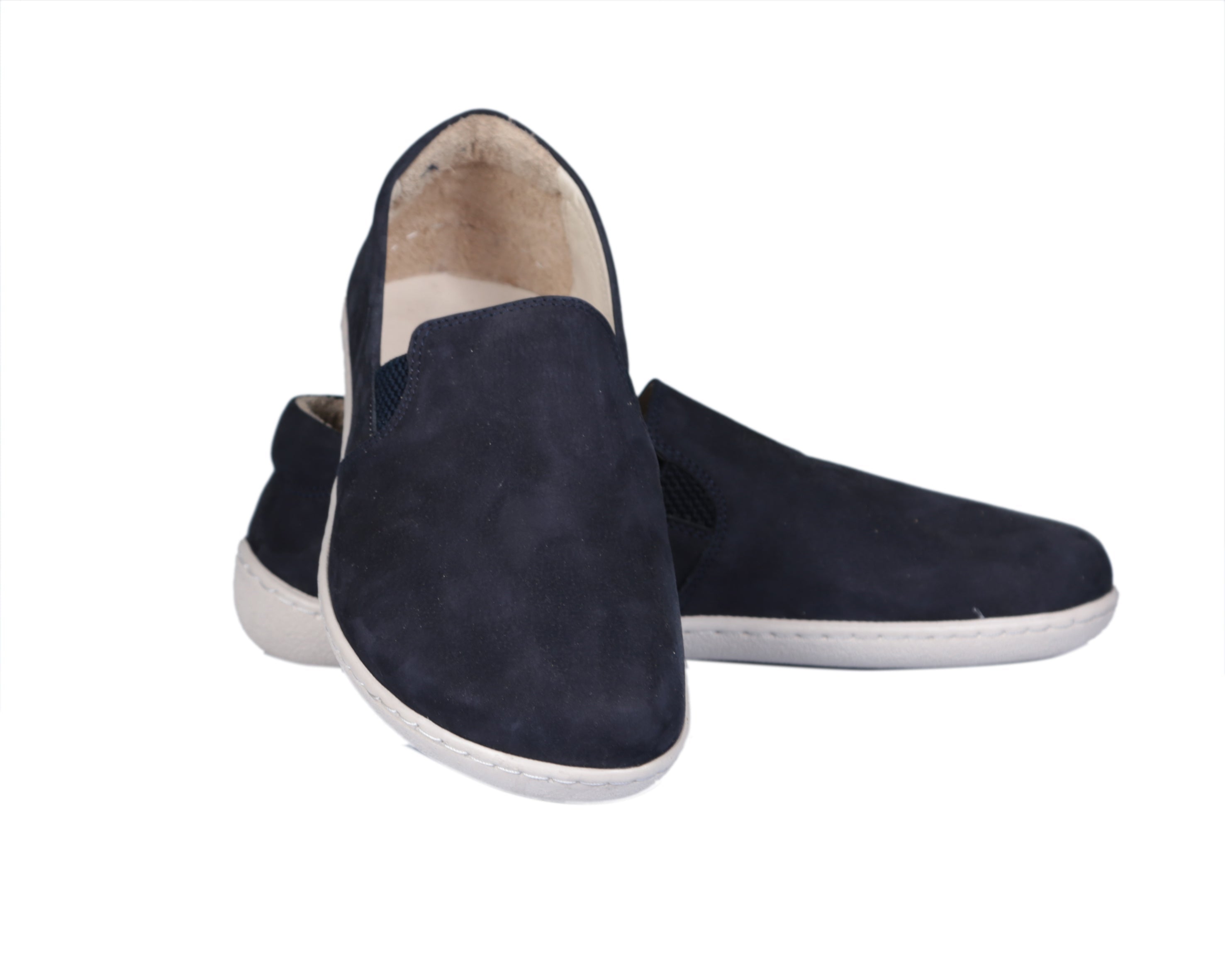 Navy Blue Slip-On Wide Barefoot Shoes Nubuck Leather Handmade 6mm Rubber Outsole 