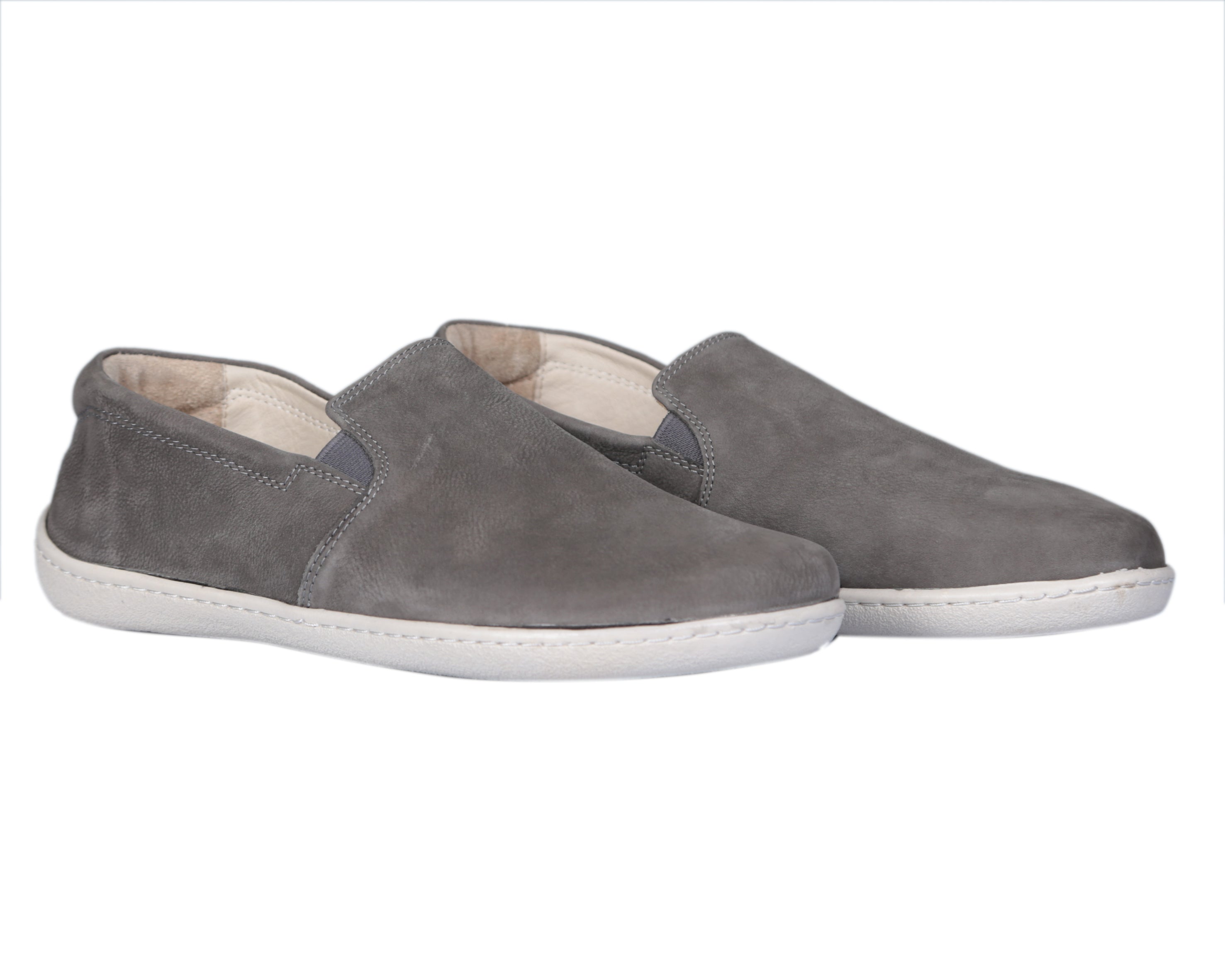 Gray Slip-On Wide Barefoot Shoes Nubuck Leather Handmade 6mm Rubber Outsole 