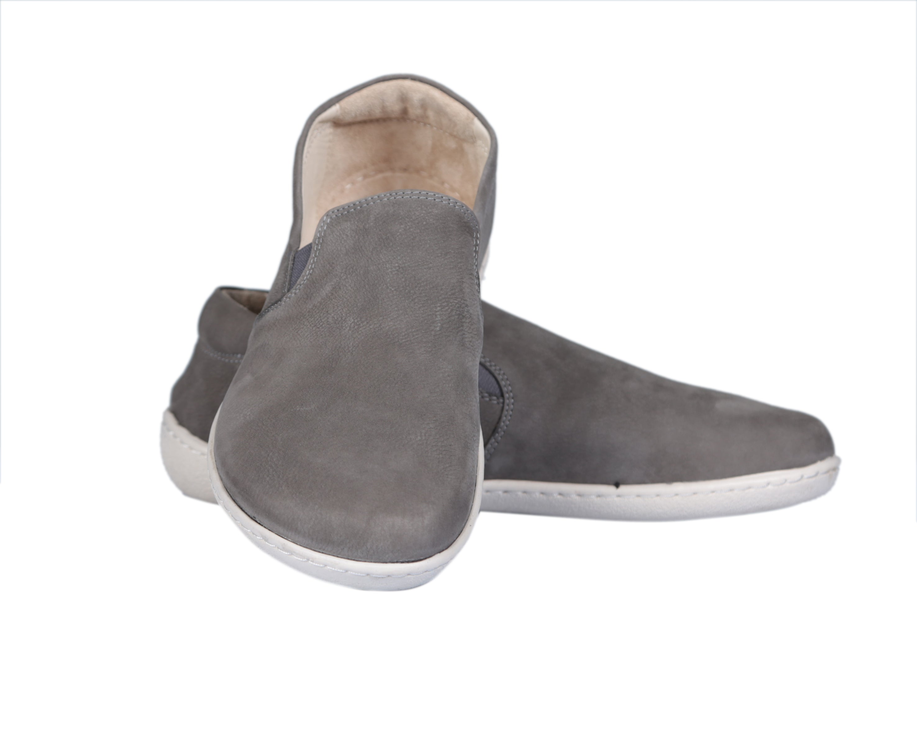 Gray Slip-On Wide Barefoot Shoes Nubuck Leather Handmade 6mm Rubber Outsole 