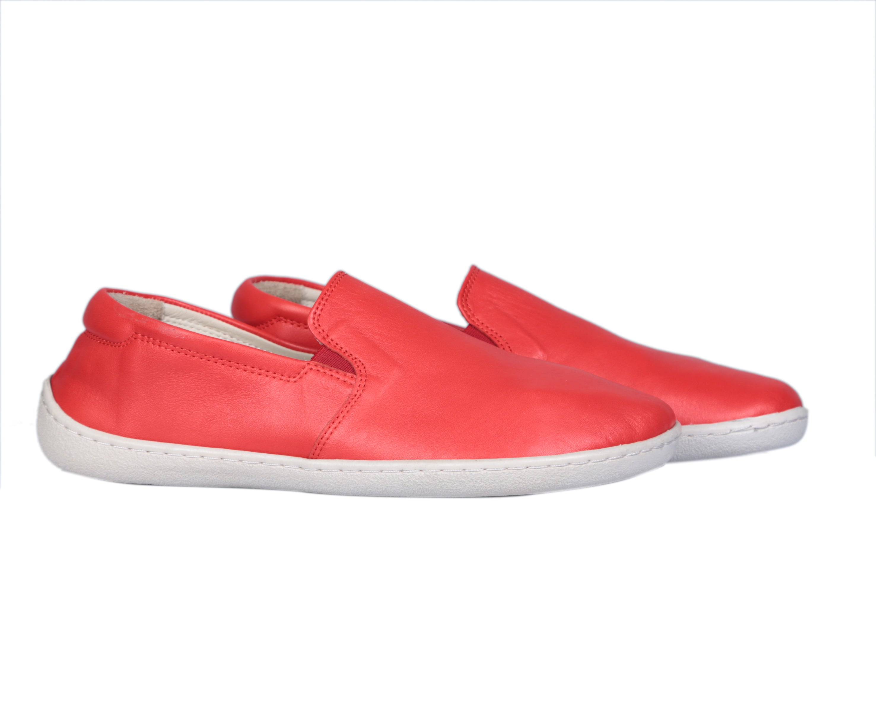 Red Slip-On Wide Barefoot Shoes Smooth Leather Handmade 6mm Rubber Outsole 