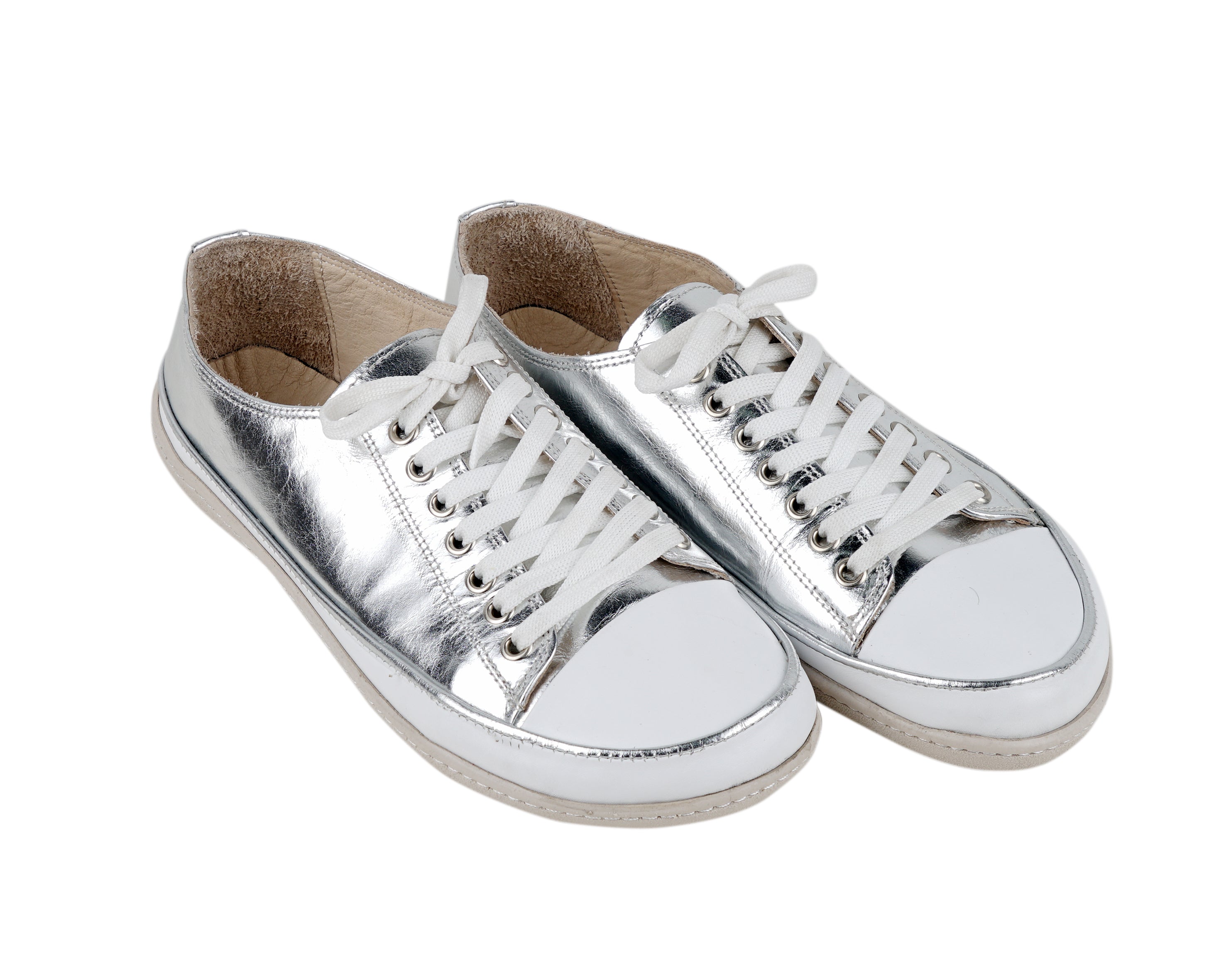 Silver Converse Style Wide Barefoot Shoes Smooth Leather Handmade Rubber Outsole 