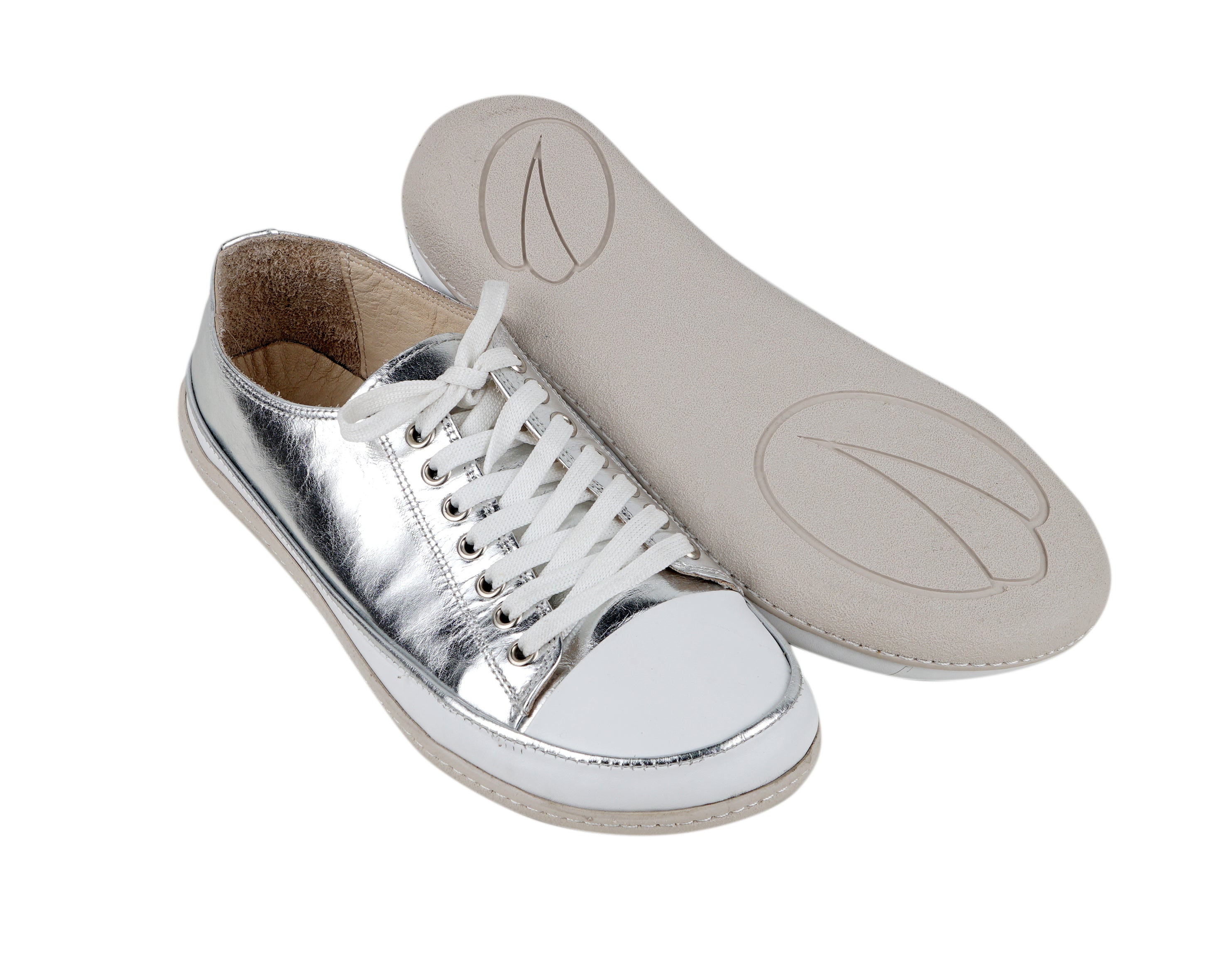 Silver Converse Style Wide Barefoot Shoes Smooth Leather Handmade Rubber Outsole