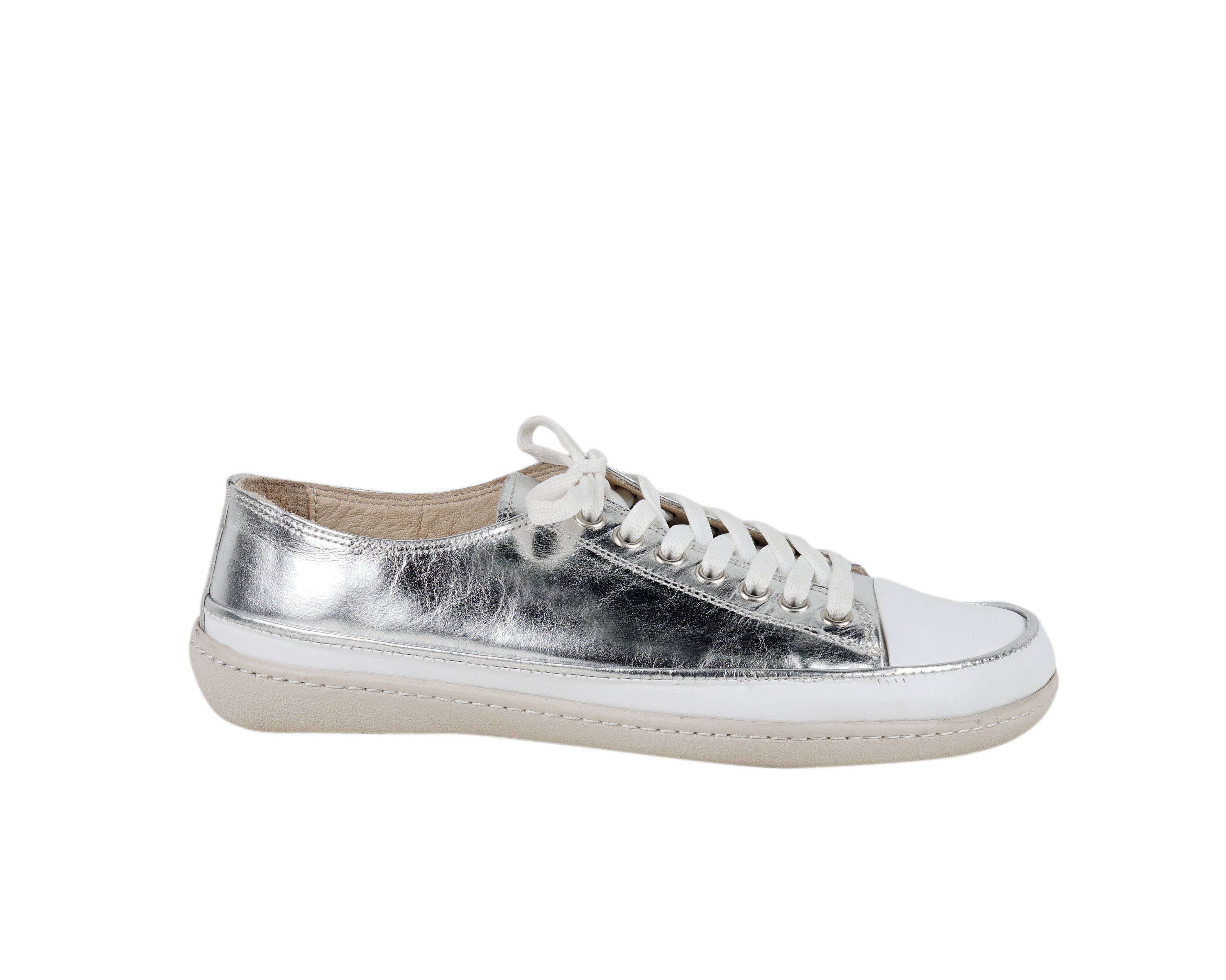 Silver Converse Style Wide Barefoot Shoes Smooth Leather Handmade Rubber Outsole 