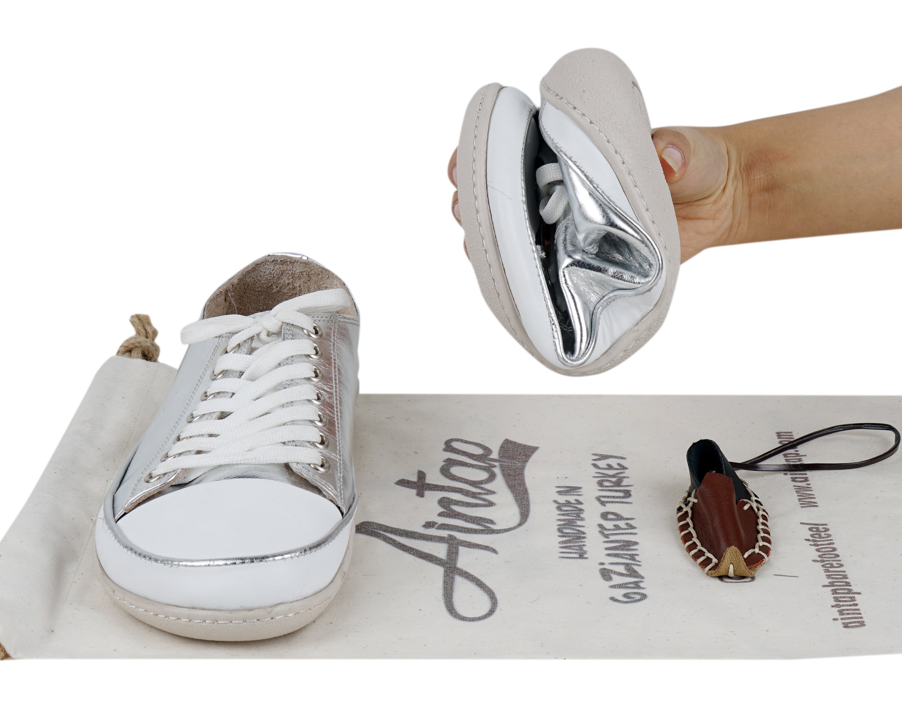 Silver Converse Style Wide Barefoot Shoes Smooth Leather Handmade Rubber Outsole 