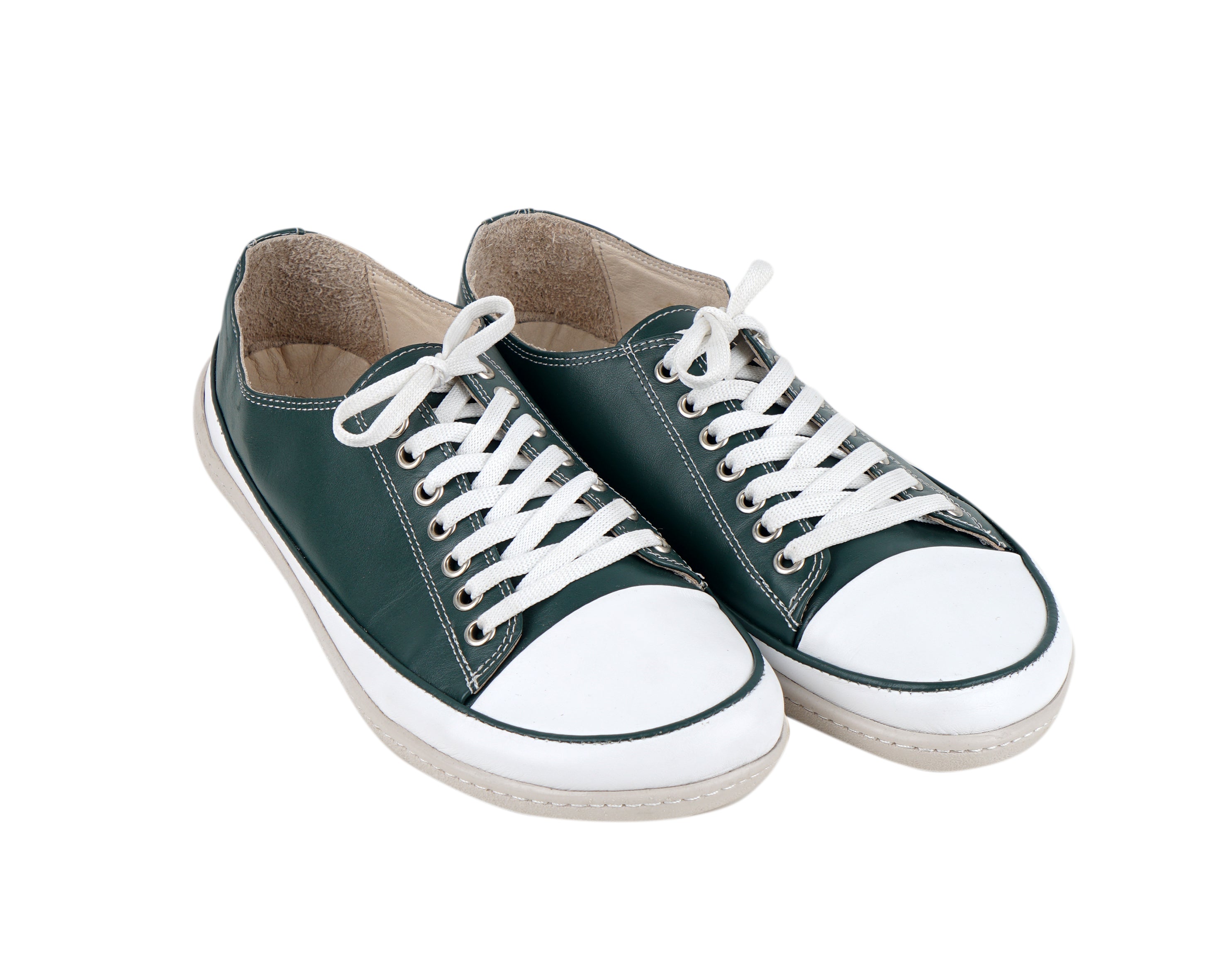 Green Converse Style Wide Barefoot Shoes Smooth Leather Handmade Rubber Outsole