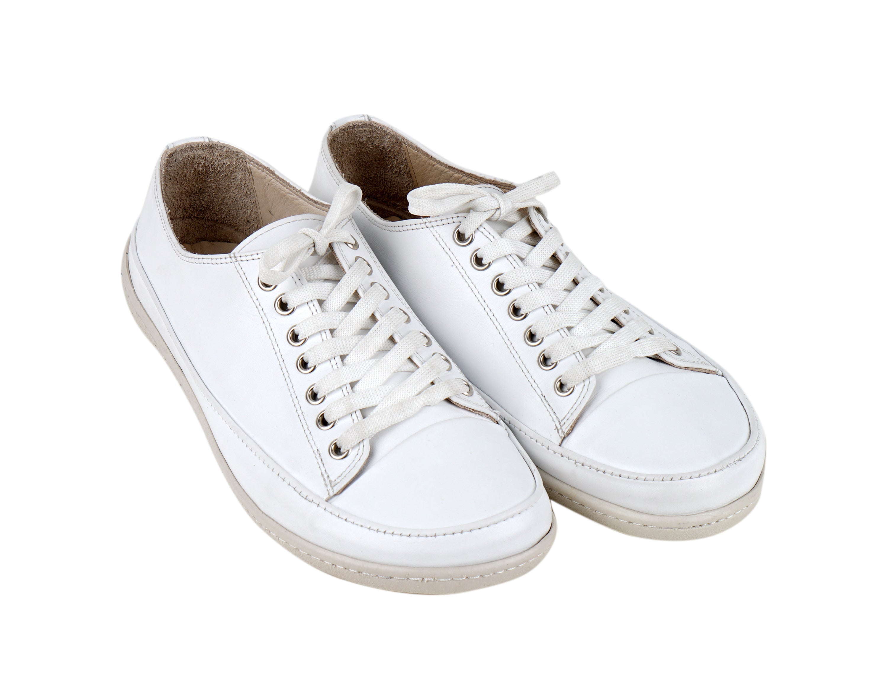 White Converse Style Wide Barefoot Shoes Smooth Leather Handmade Rubber Outsole 