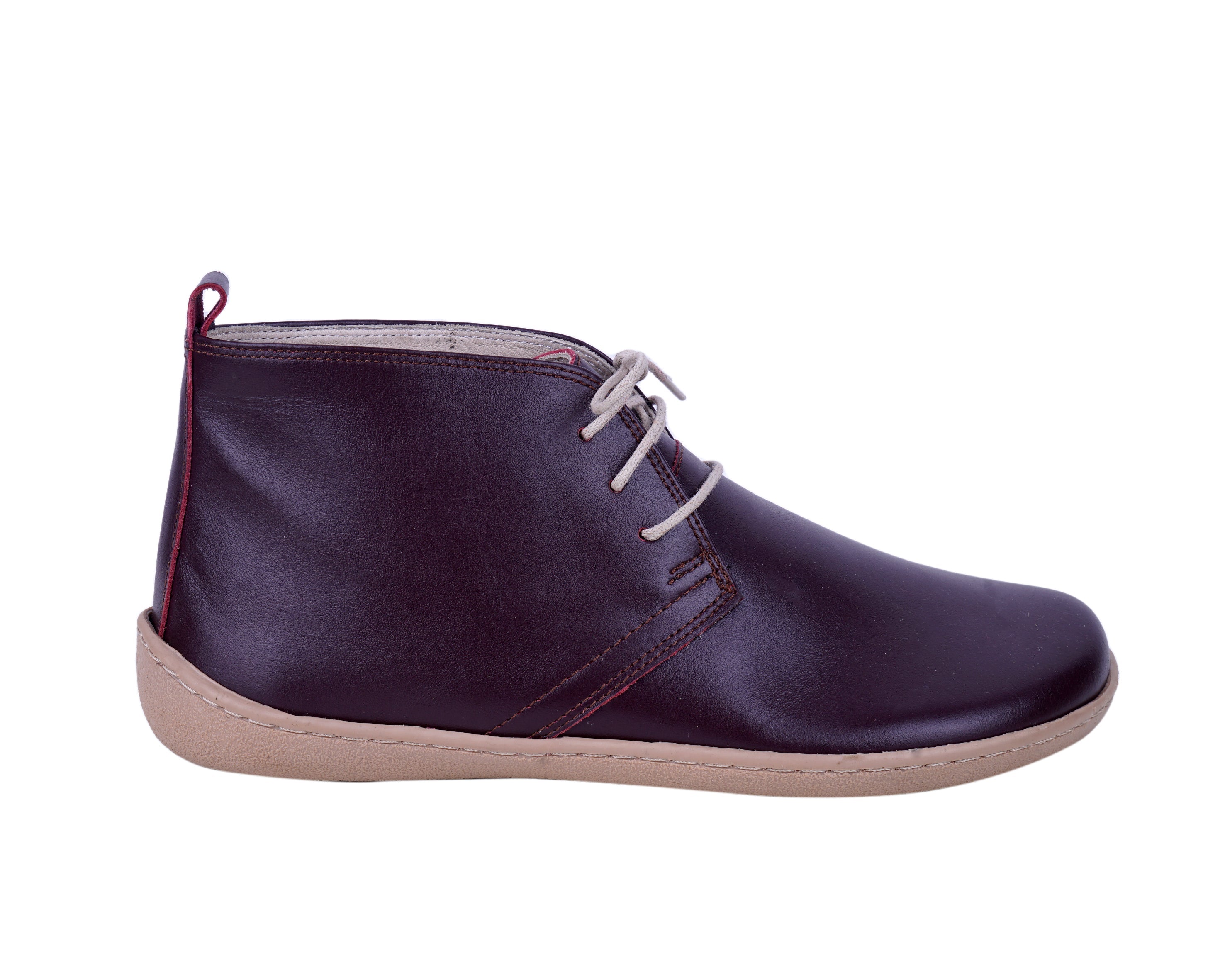 Burgundy Ankle Boots Wide Barefoot Shoes Smooth Leather Handmade 6mm Rubber Outsole 