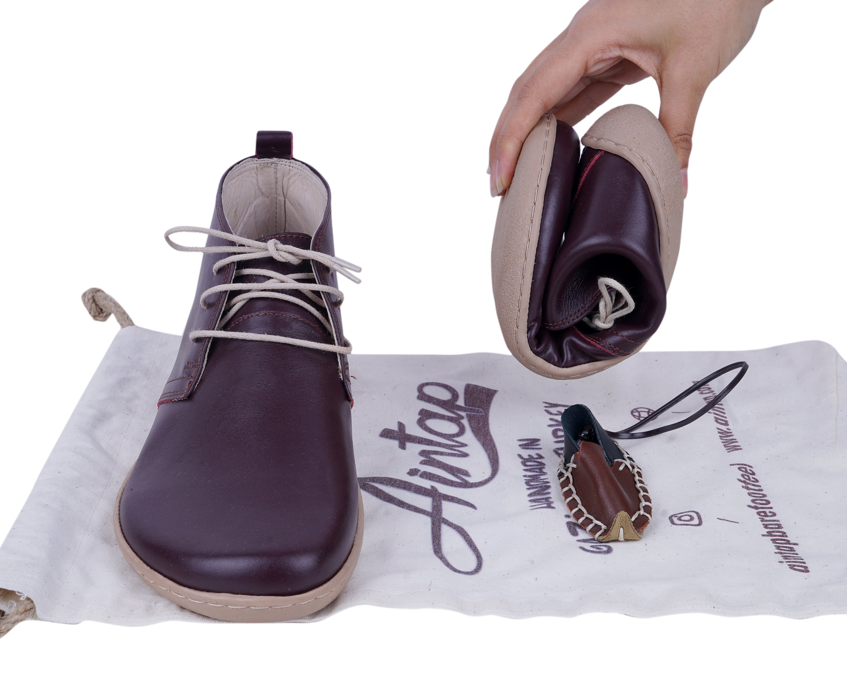 Burgundy Ankle Boots Wide Barefoot Shoes Smooth Leather Handmade 6mm Rubber Outsole 