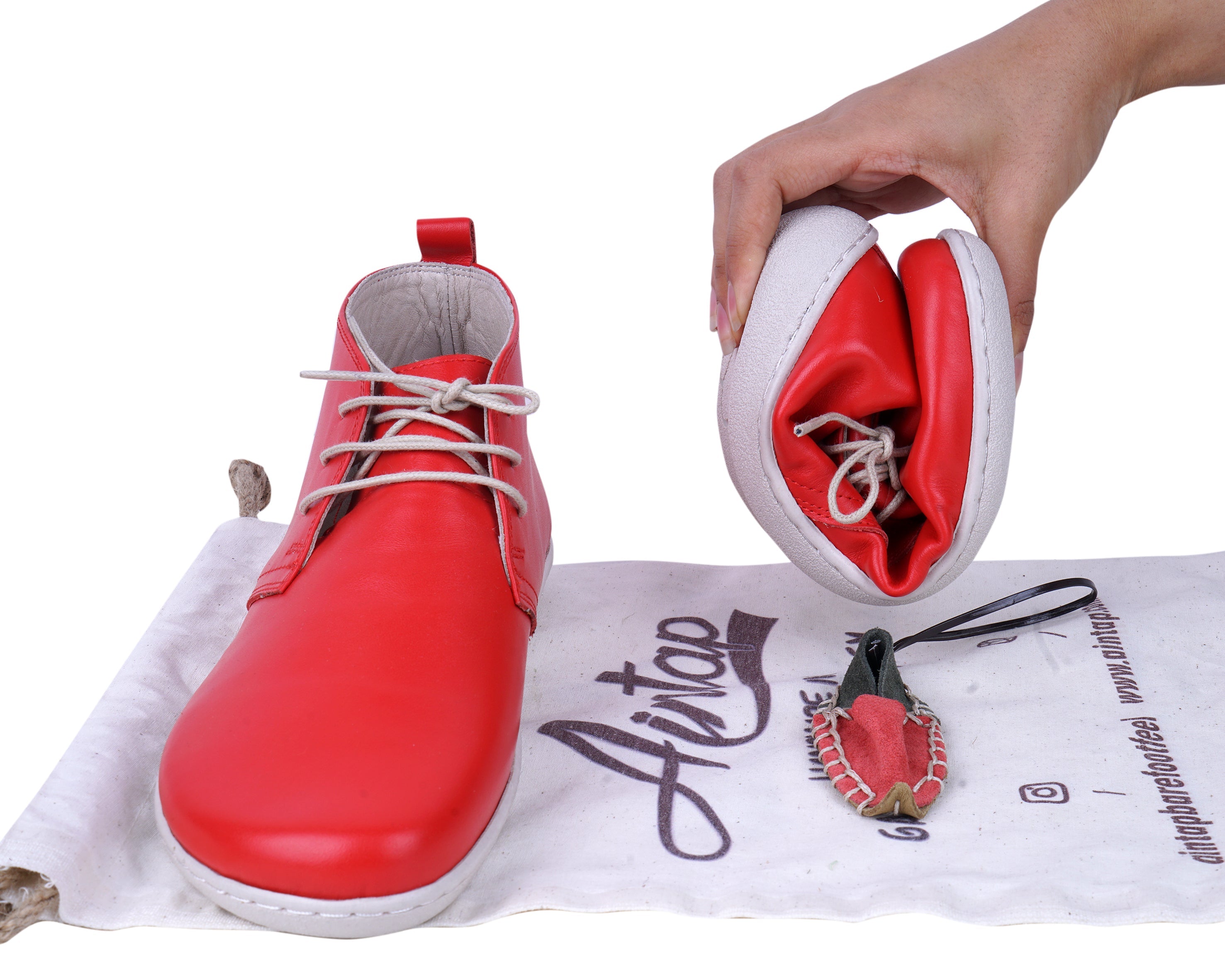 Red Ankle Boots Wide Barefoot Shoes Smooth Leather Handmade 6mm Rubber Outsole 
