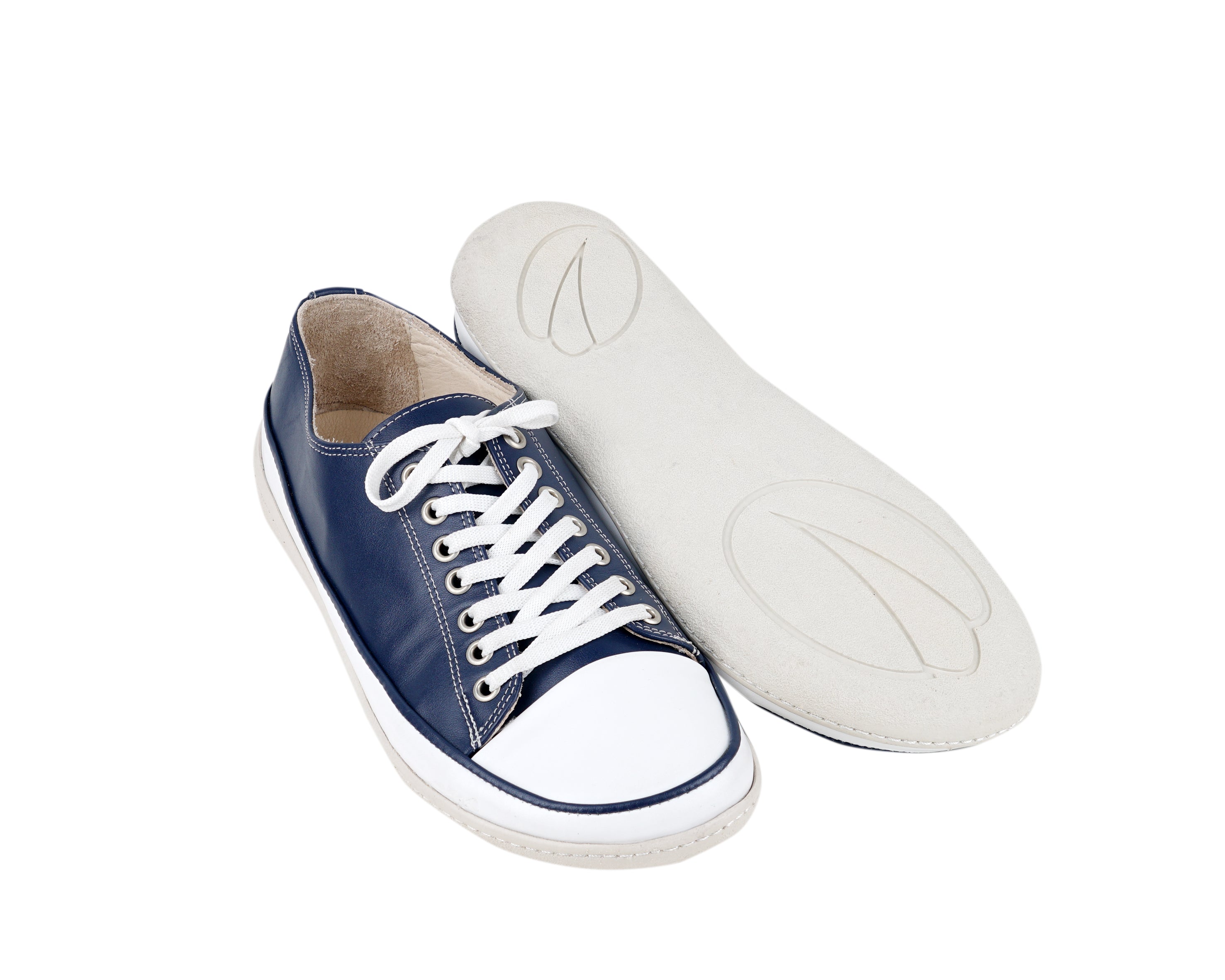 Navy Blue Converse Style Wide Barefoot Shoes Smooth Leather Handmade Rubber Outsole