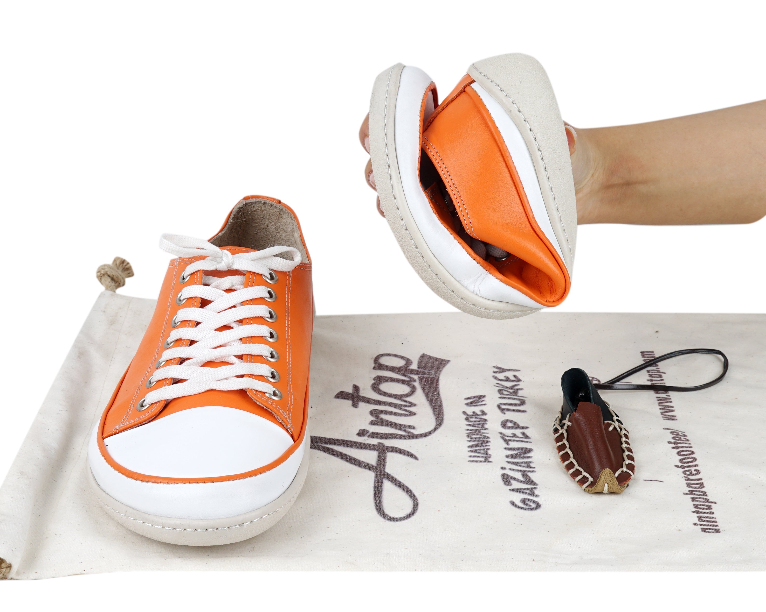 Orange Converse Style Wide Barefoot Shoes Smooth Leather Handmade Rubber Outsole 