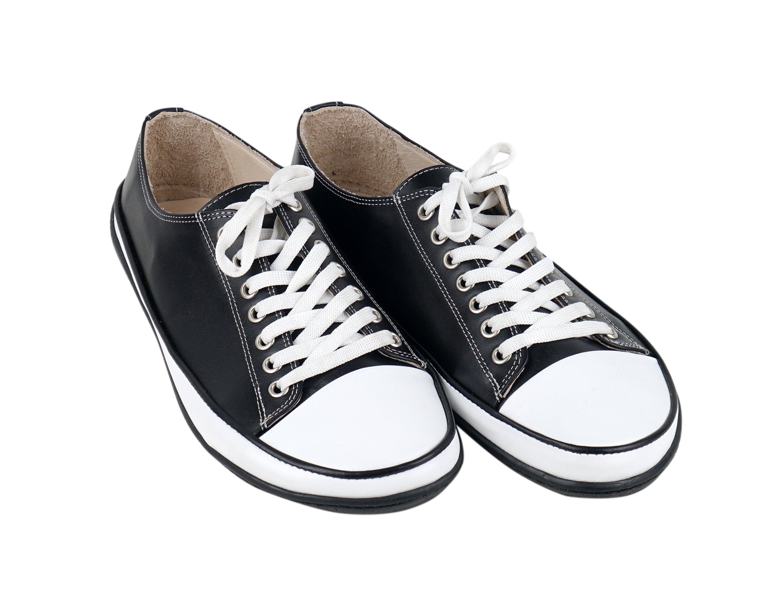 Black Converse Style Wide Barefoot Shoes Smooth Leather Handmade Rubber Outsole