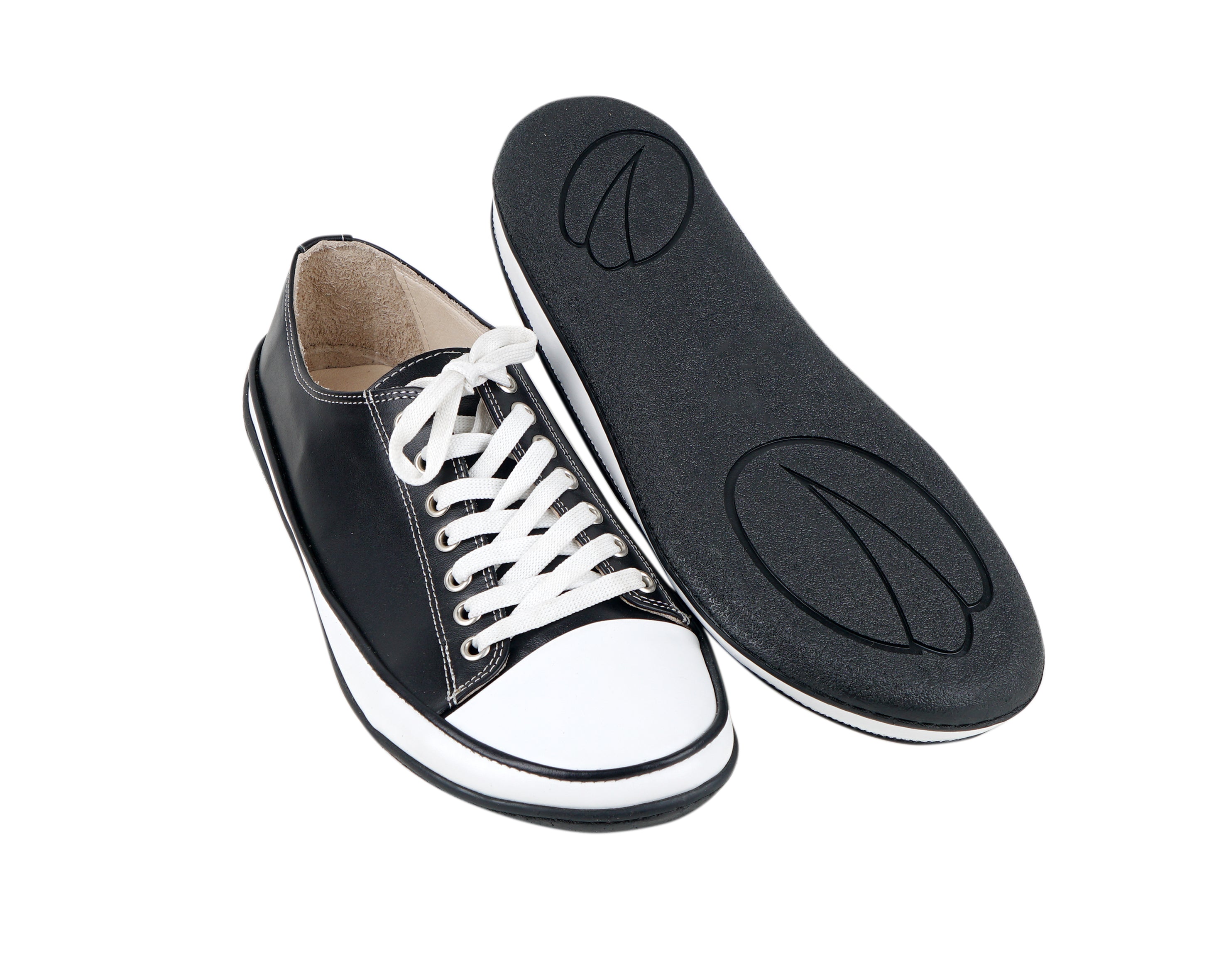 Black Converse Style Wide Barefoot Shoes Smooth Leather Handmade Rubber Outsole