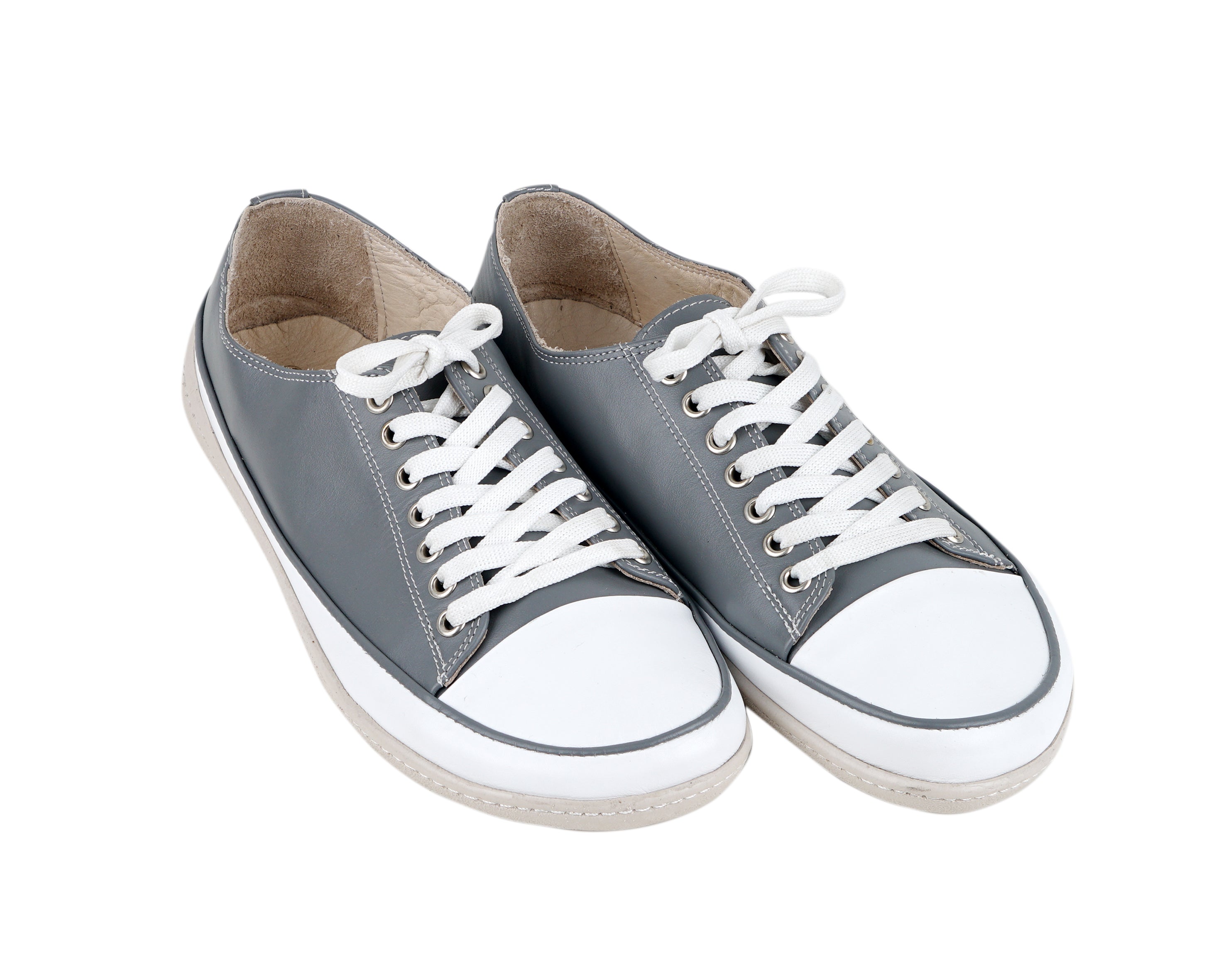 Gray Converse Style Wide Barefoot Shoes Smooth Leather Handmade Rubber Outsole 