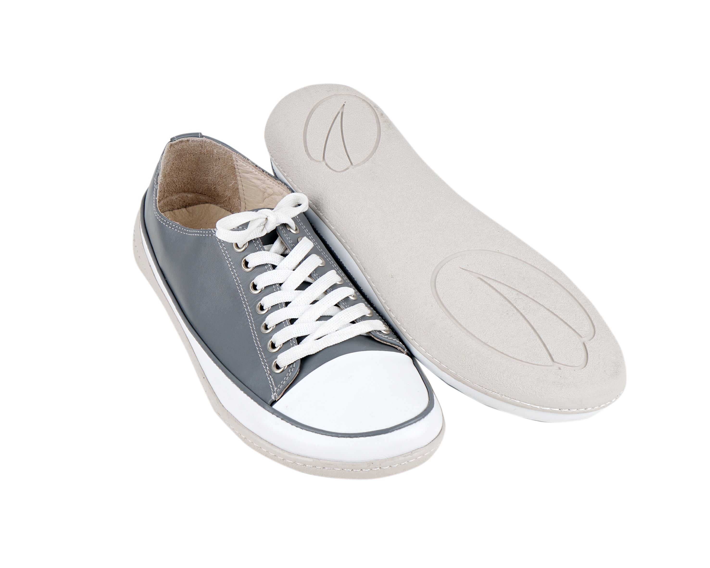Gray Converse Style Wide Barefoot Shoes Smooth Leather Handmade Rubber Outsole 