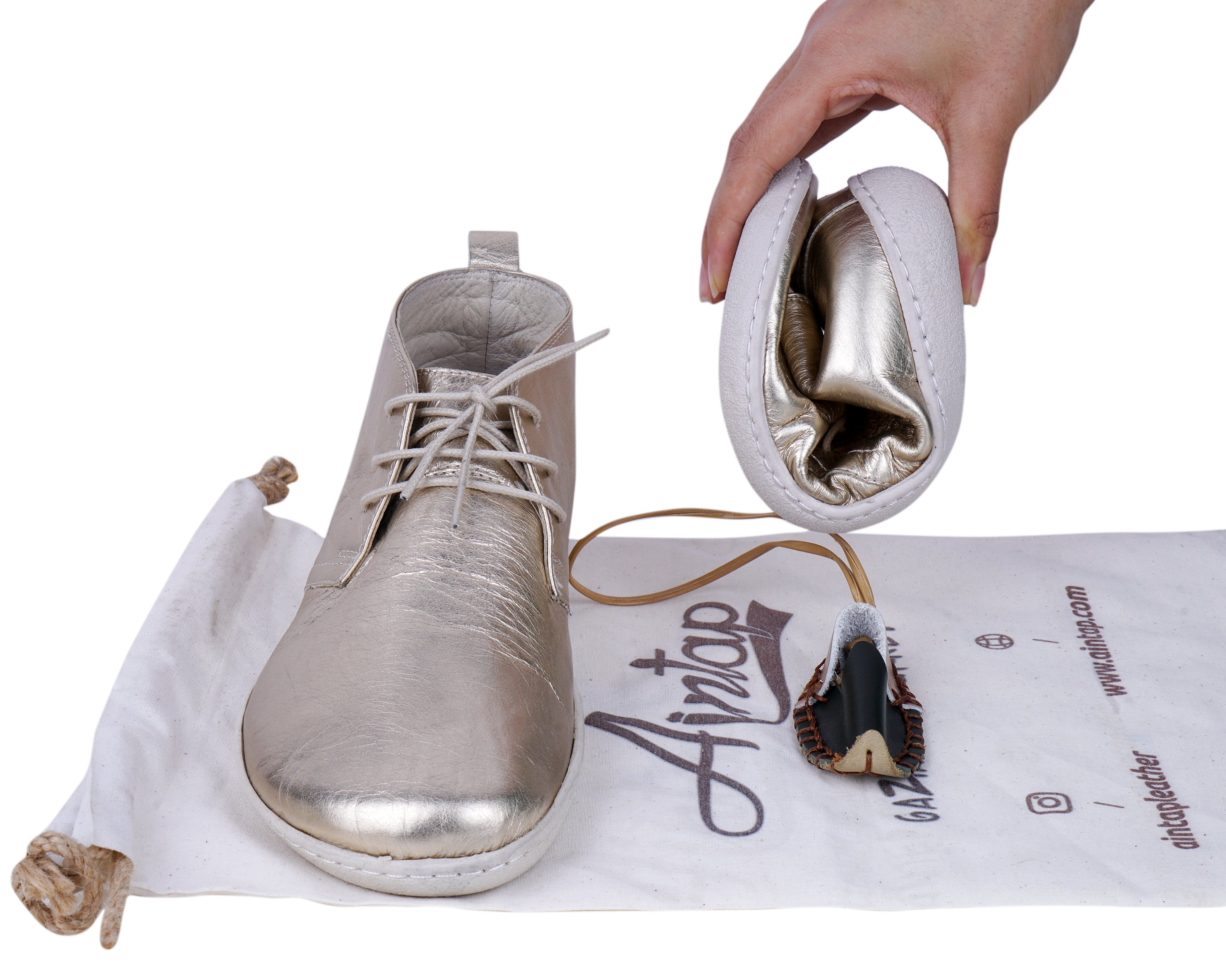 Gold Ankle Boots Wide Barefoot Shoes Smooth Leather Handmade 6mm Rubber Outsole 