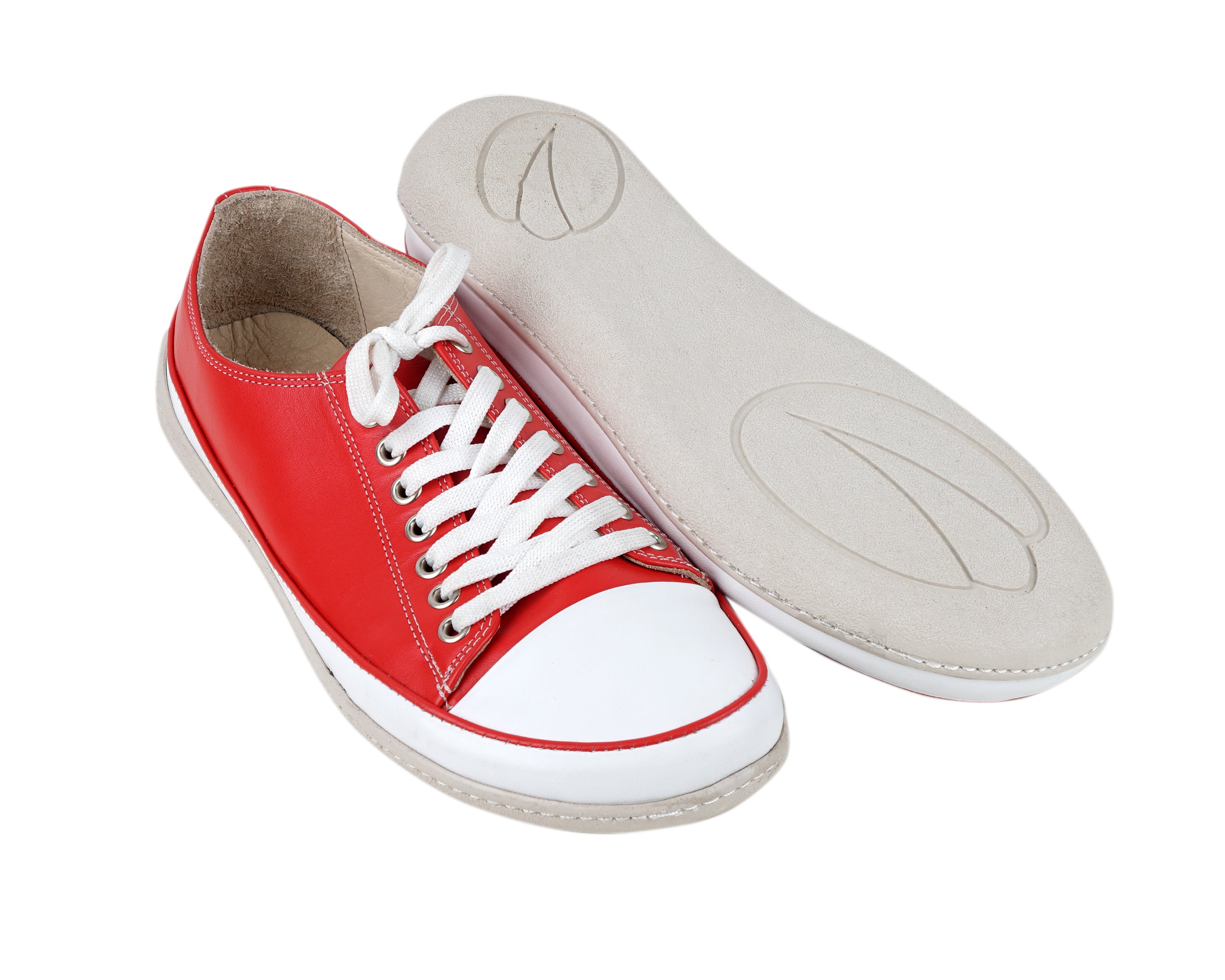 Red Converse Style Wide Barefoot Shoes Smooth Leather Handmade Rubber Outsole