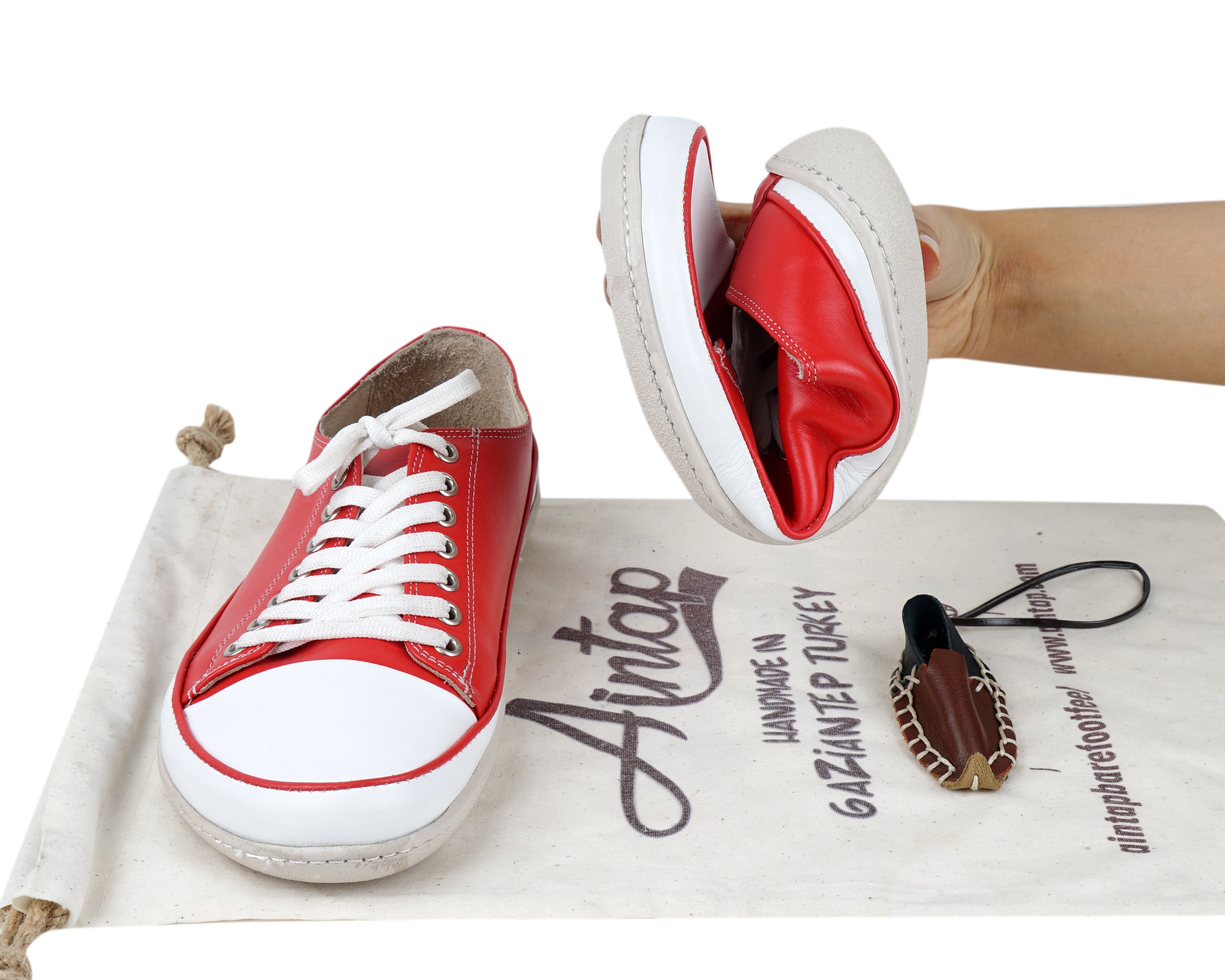 Red Converse Style Wide Barefoot Shoes Smooth Leather Handmade Rubber Outsole