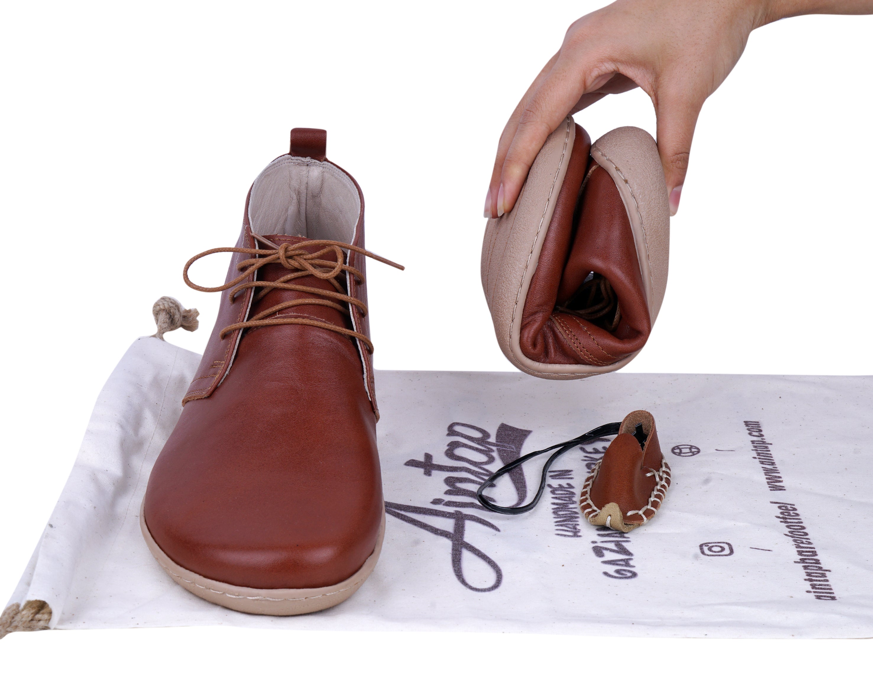 Brown Ankle Boots Wide Barefoot Shoes Smooth Leather Handmade 6mm Rubber Outsole 