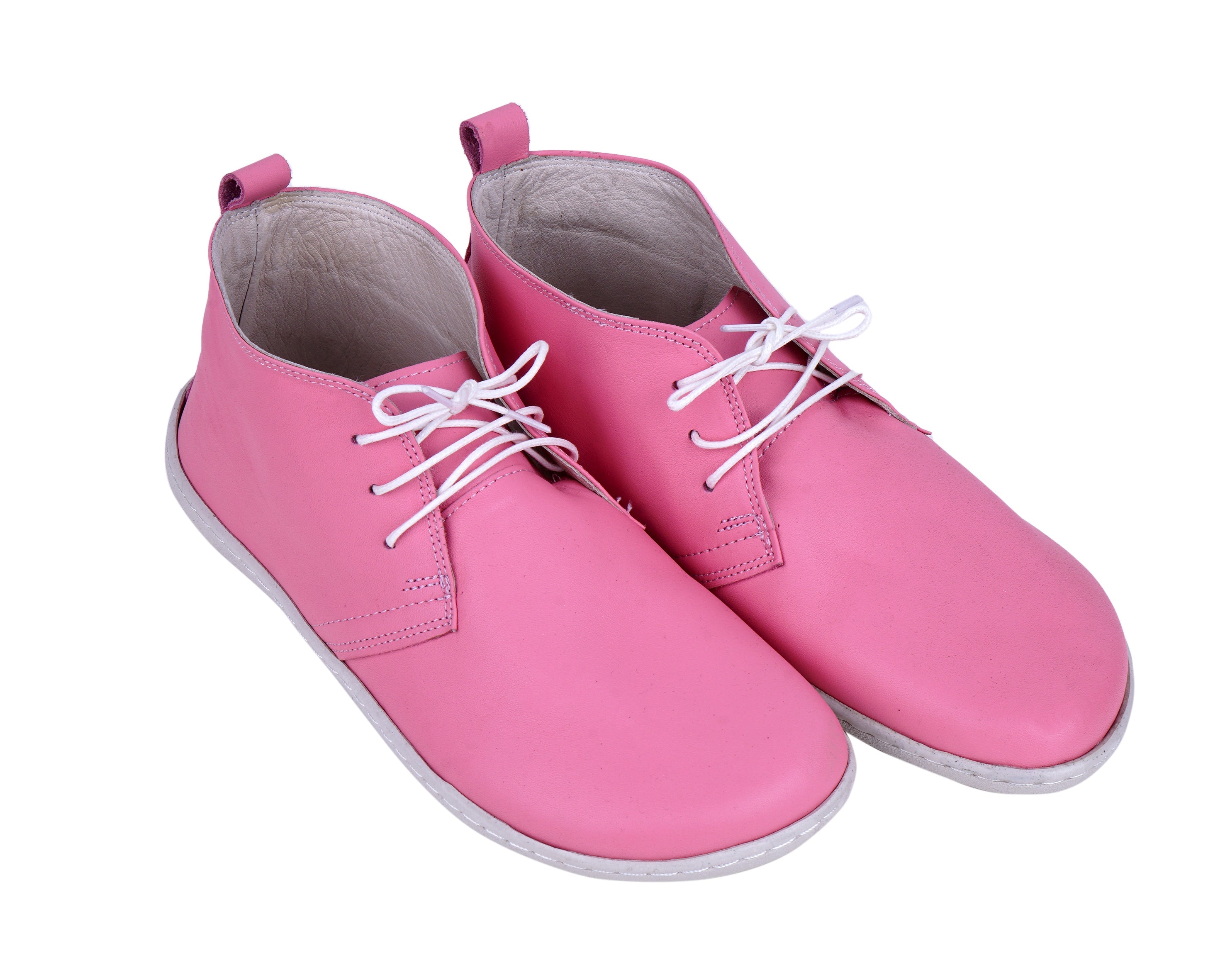 Pink Ankle Boots Wide Barefoot Shoes Smooth Leather Handmade 6mm Rubber Outsole 