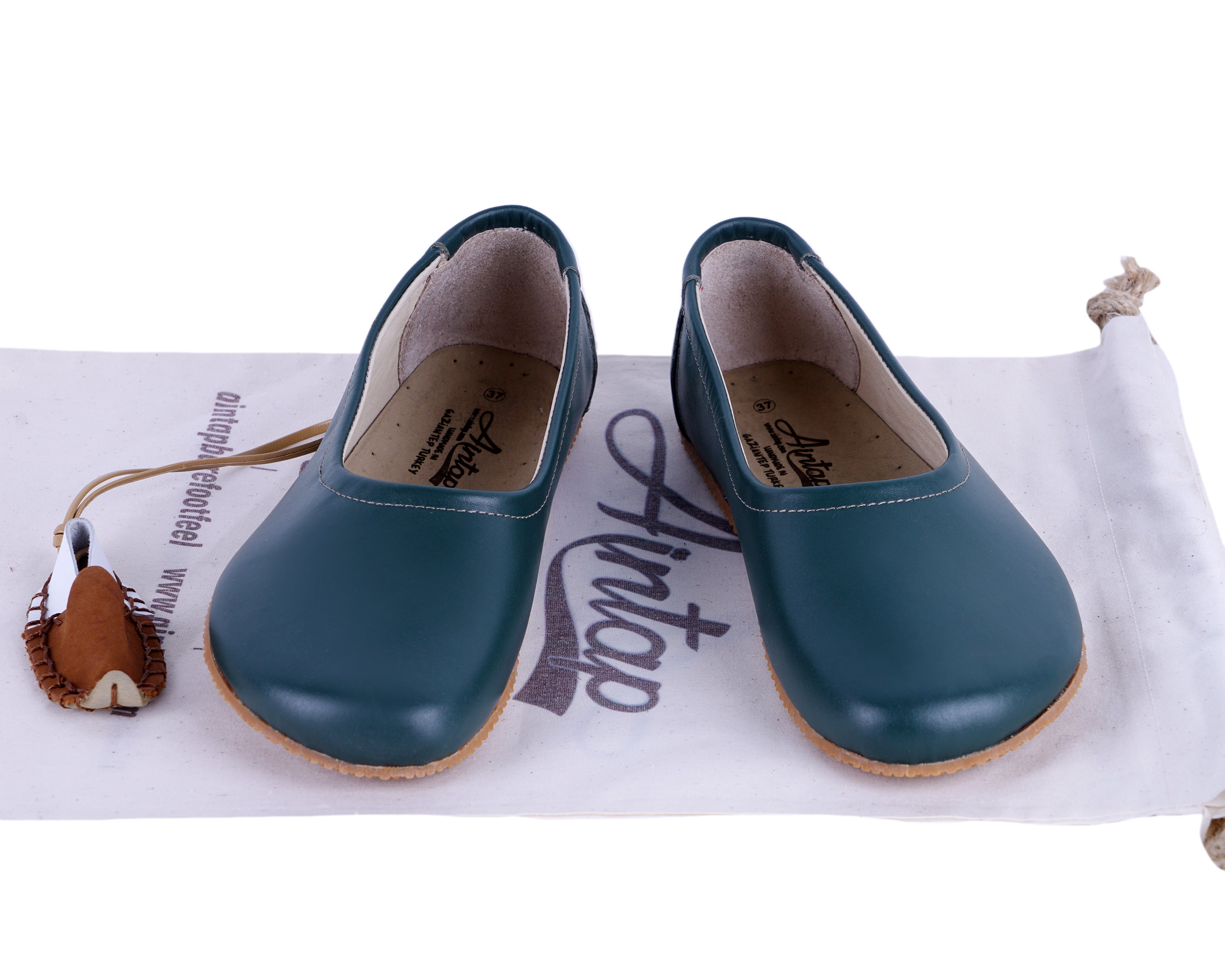 Green Women Flat Ballets Wide Barefoot Smooth Leather Handmade 