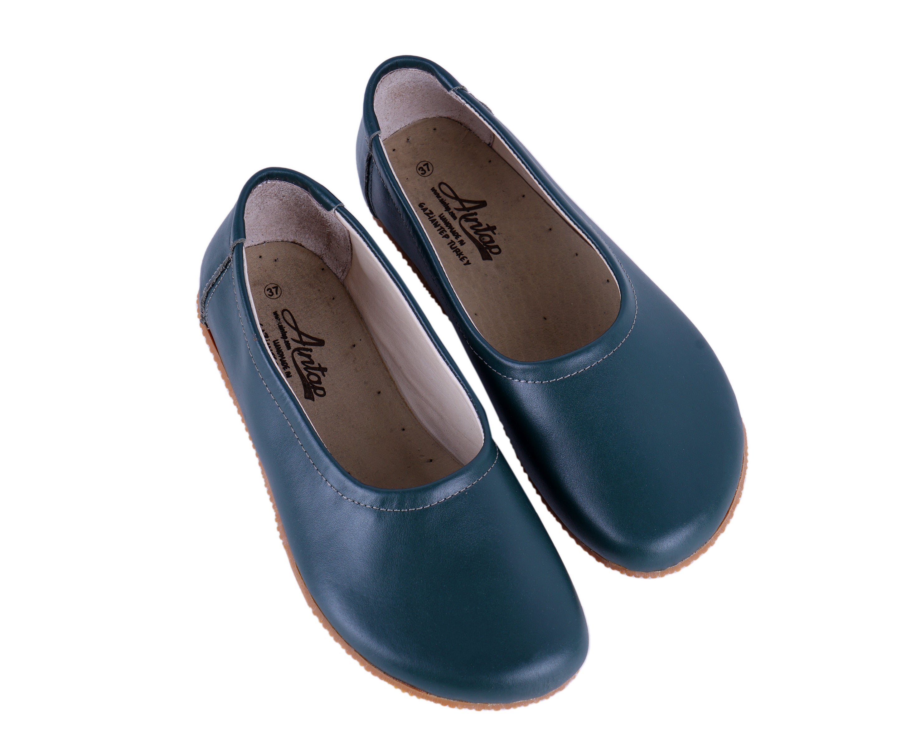 Green Women Flat Ballets Wide Barefoot Smooth Leather Handmade 