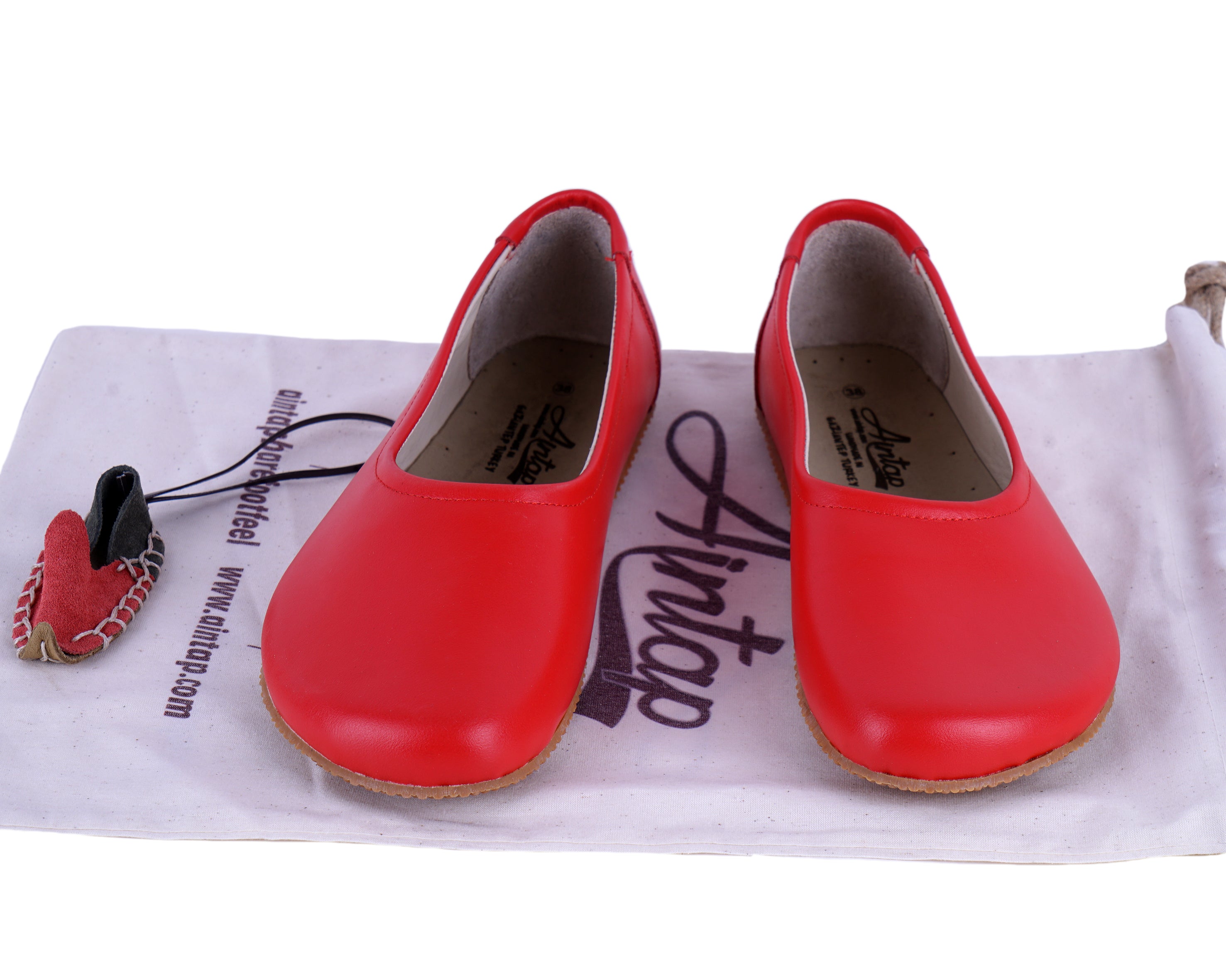 Red Women Flat Ballets Wide Barefoot Smooth Leather Handmade 