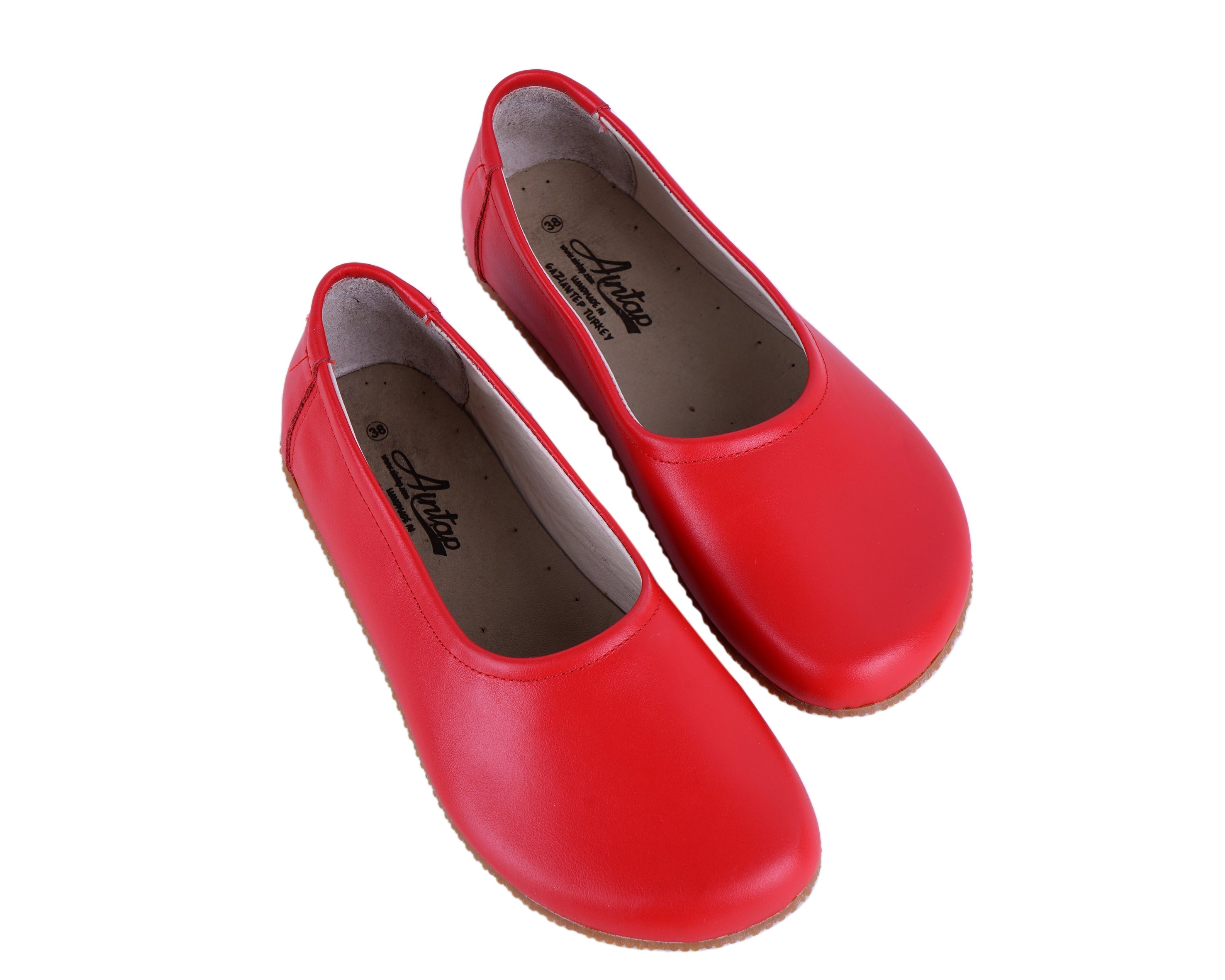 Red Women Flat Ballets Wide Barefoot Smooth Leather Handmade 