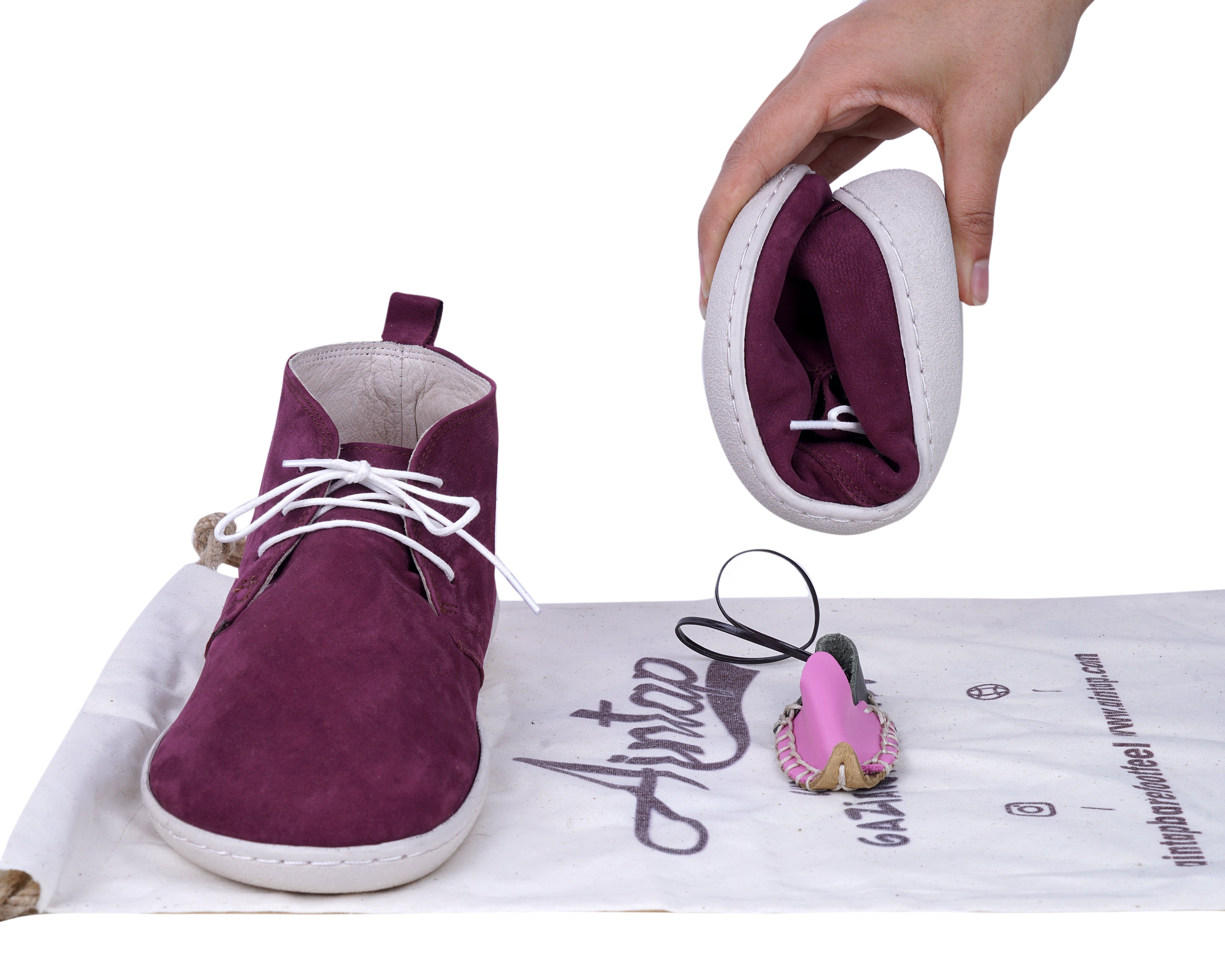 Burgundy Ankle Boots Wide Barefoot Shoes Nubuck Leather Handmade Rubber Outsole 