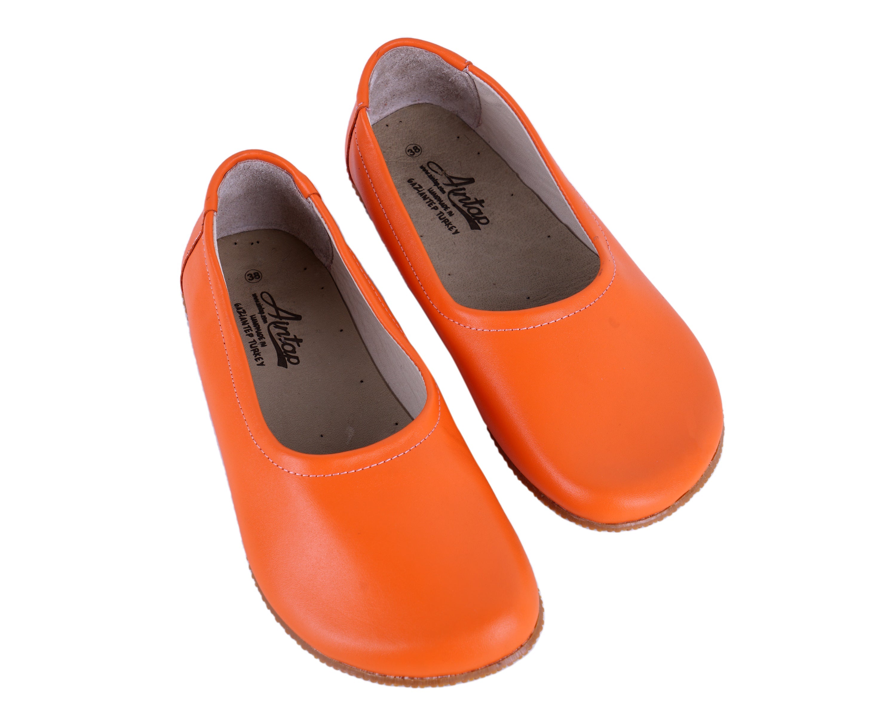 Orange Women Flat Ballets Wide Barefoot Smooth Leather Handmade 