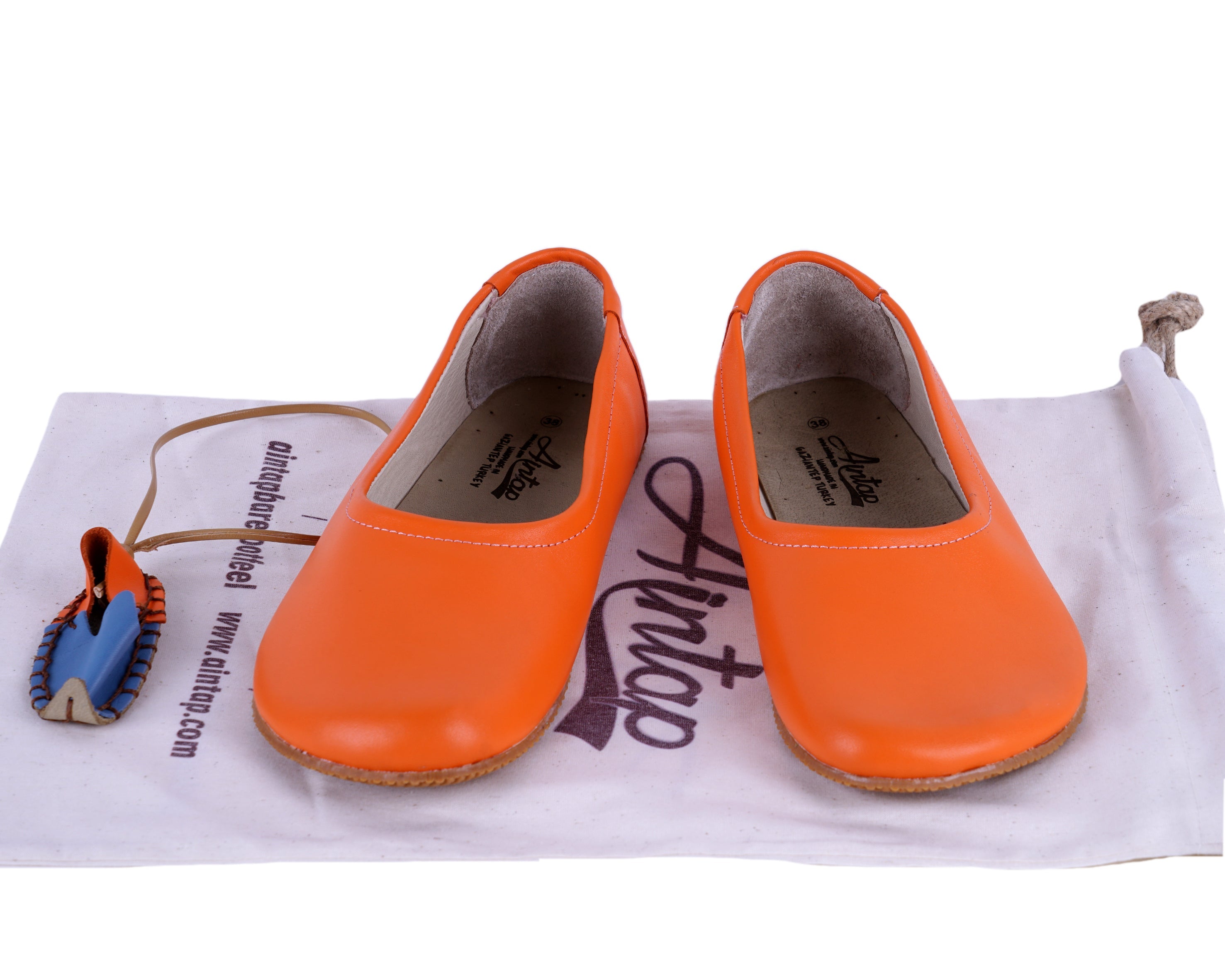 Orange Women Flat Ballets Wide Barefoot Smooth Leather Handmade 
