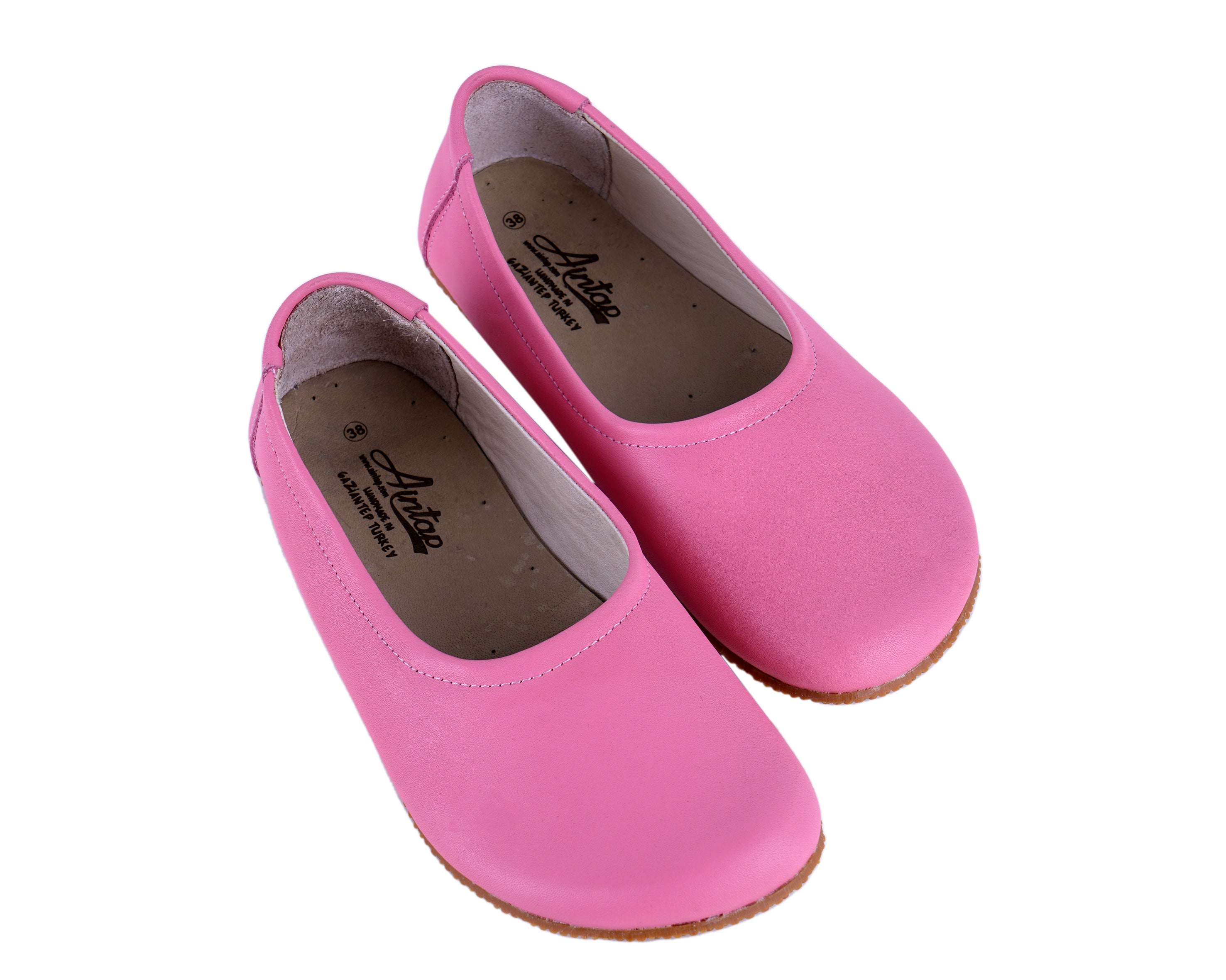 Pink Women Flat Ballets Wide Barefoot Smooth Leather Handmade 